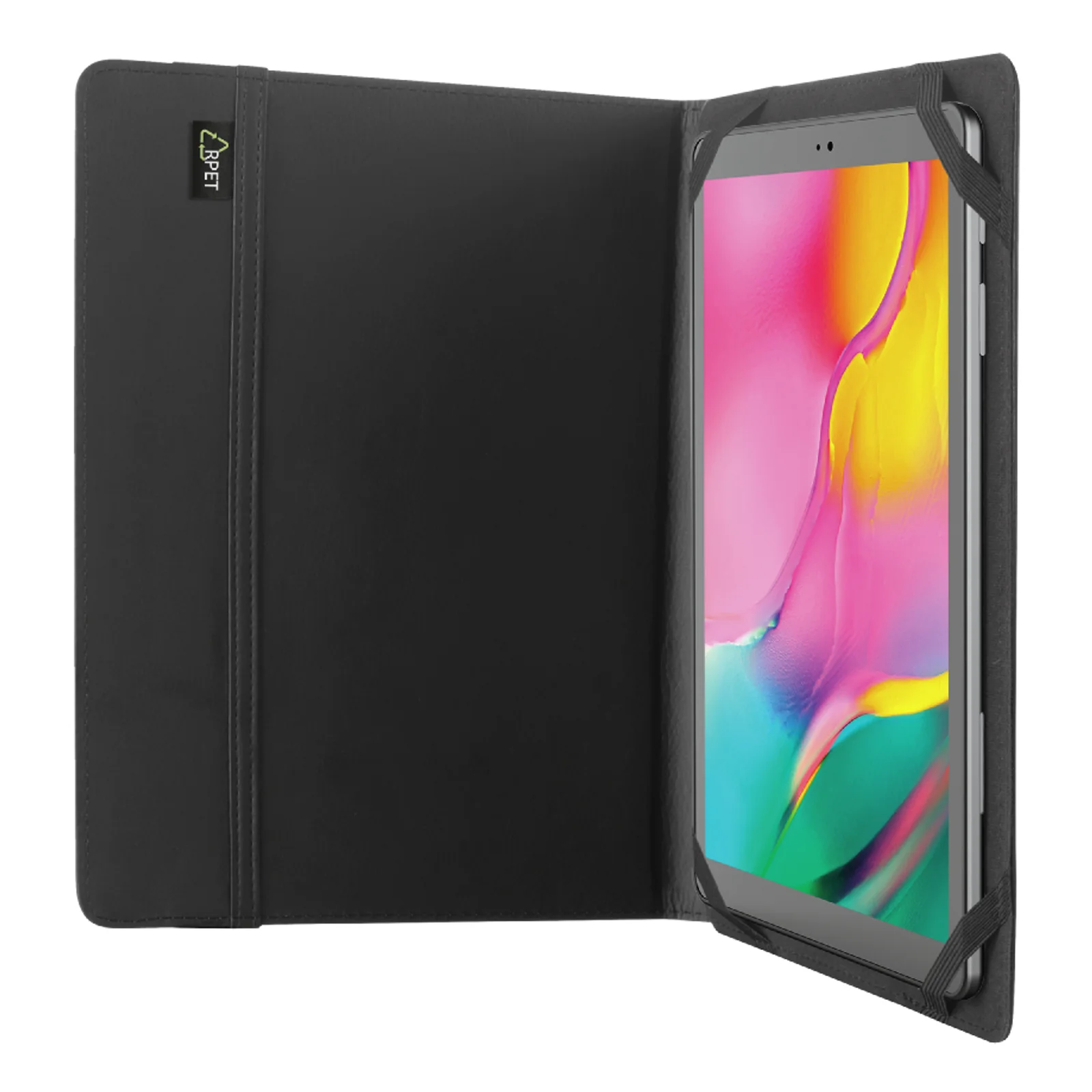 Housse folio Trust Primo noire ouverte avec tablette, angle trois quarts