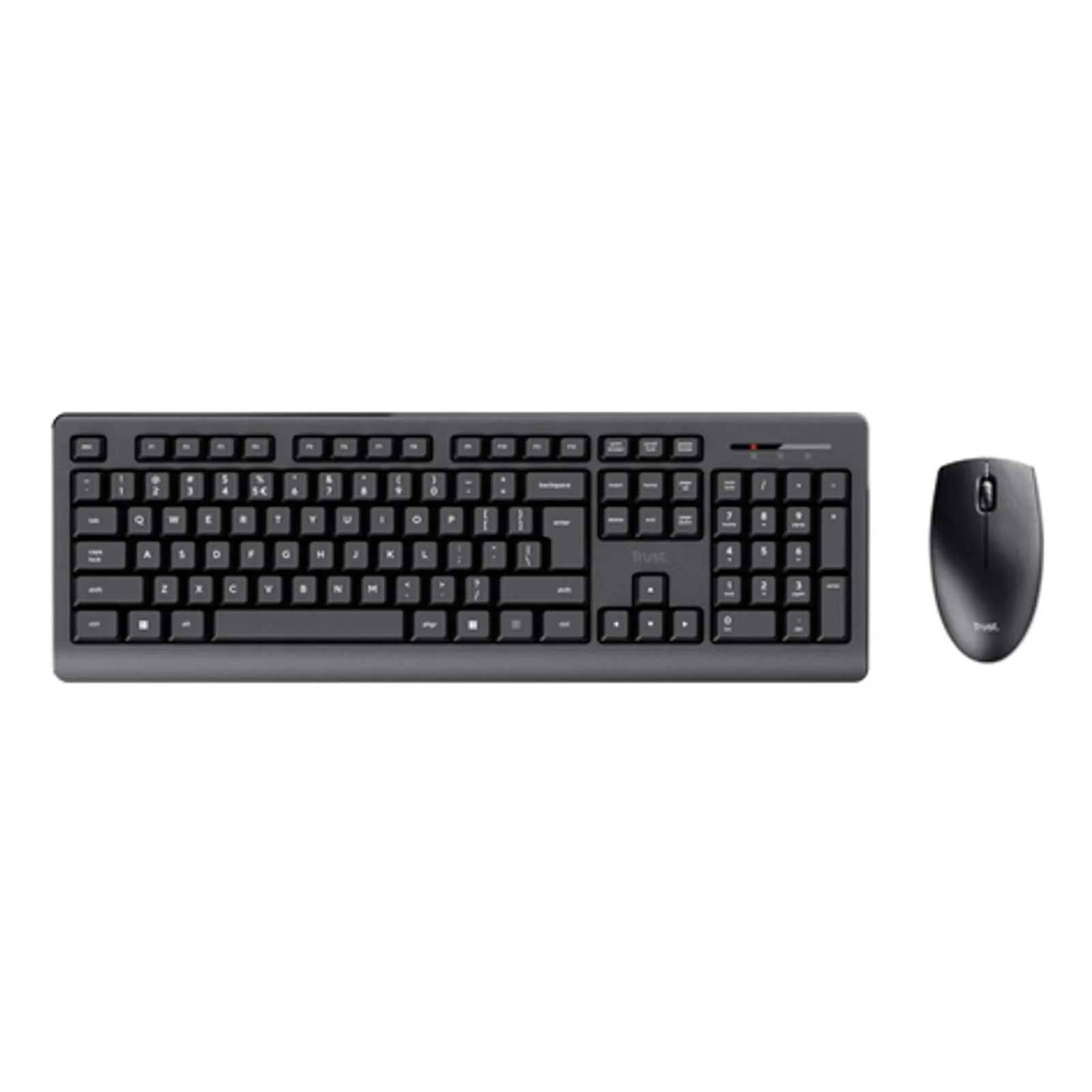 Pack Trust Primo, clavier AZERTY et souris noirs, vue légèrement inclinée, fond blanc