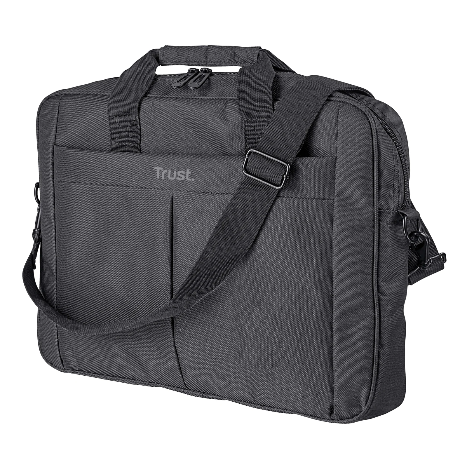 Sacoche Trust Primo noire vue de trois-quarts arrière, bandoulière réglable attachée