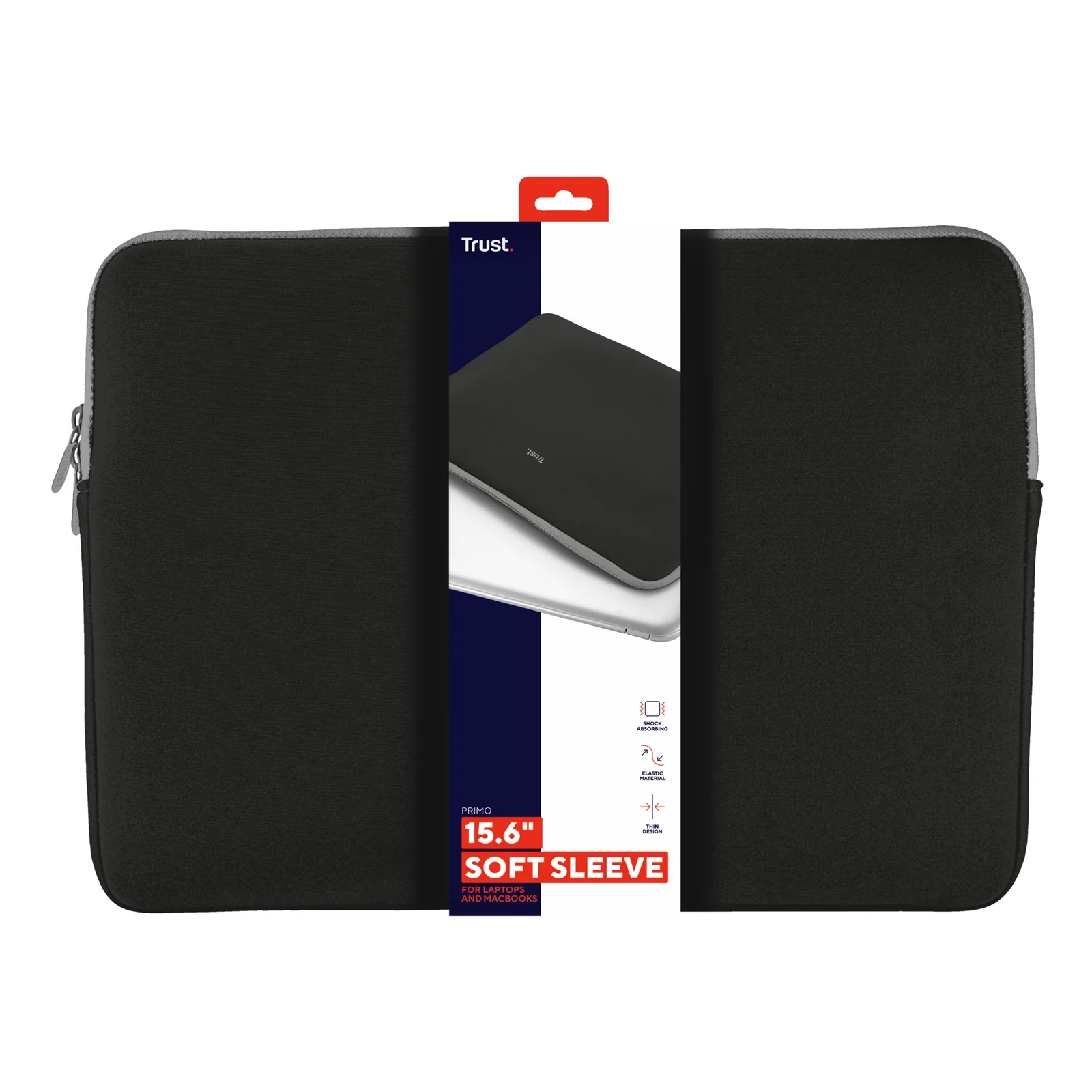 Housse Trust Soft Sleeve 15,6 pouces noire avec son emballage, fond blanc