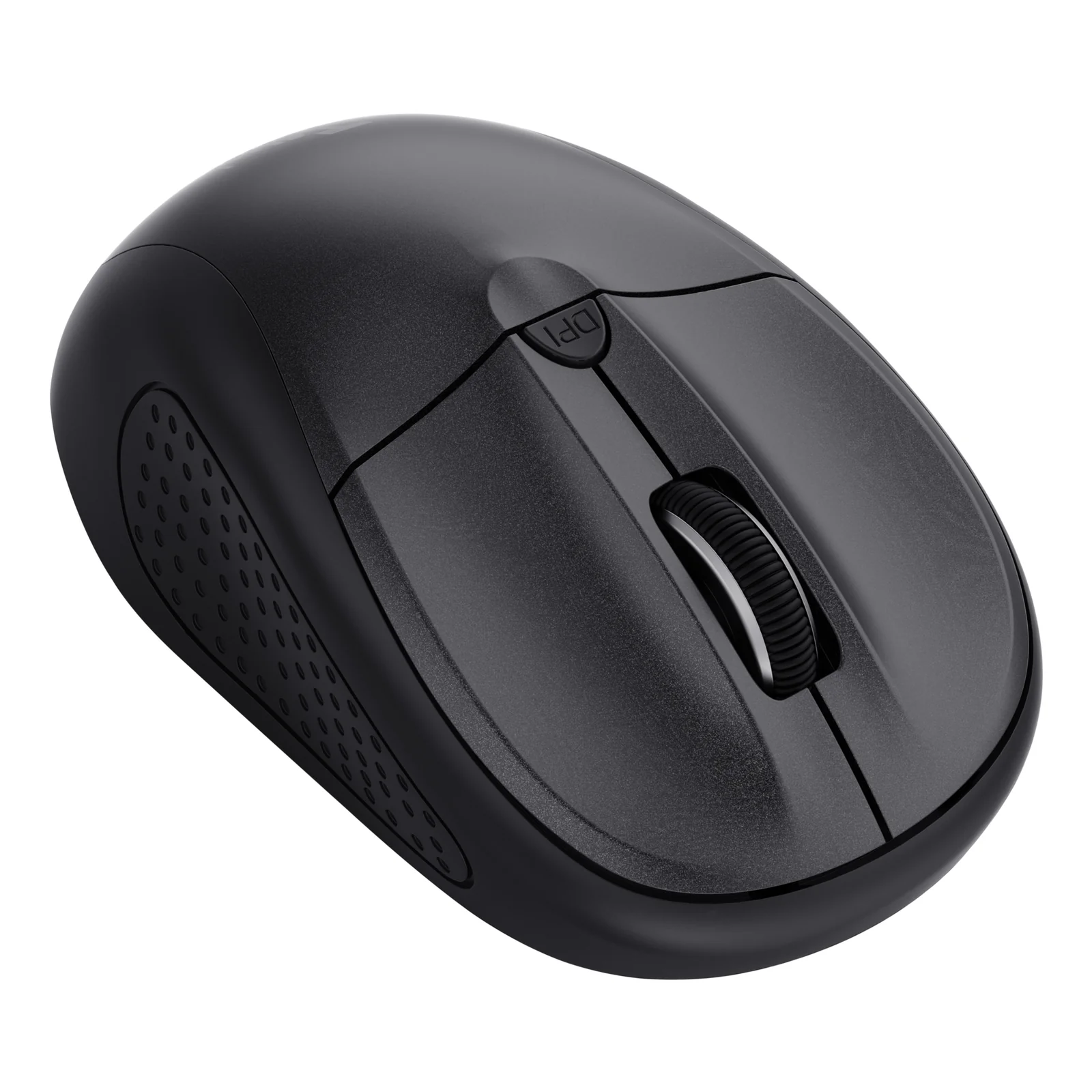 Vue 3/4 avant gauche, souris Primo noire compacte au profil arrondi