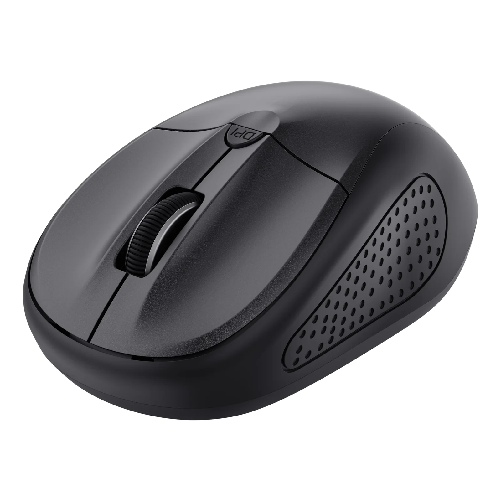Vue 3/4 avant droit, souris Primo noire avec panneau latéral texturé