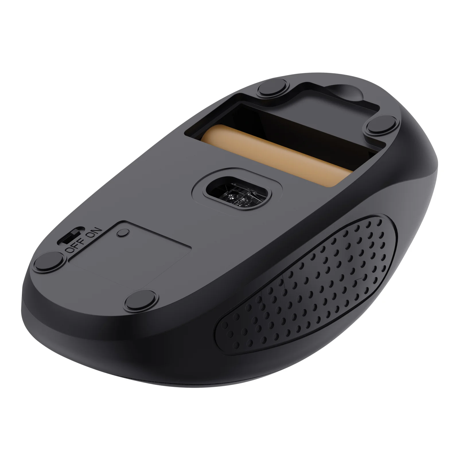 Dessous de la souris Primo, compartiment à piles AAA et capteur optique visibles