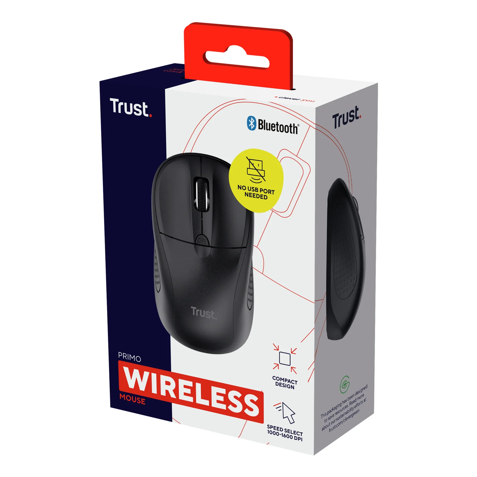 Boîte d'emballage Trust Primo Wireless, logos Bluetooth et Trust au premier plan