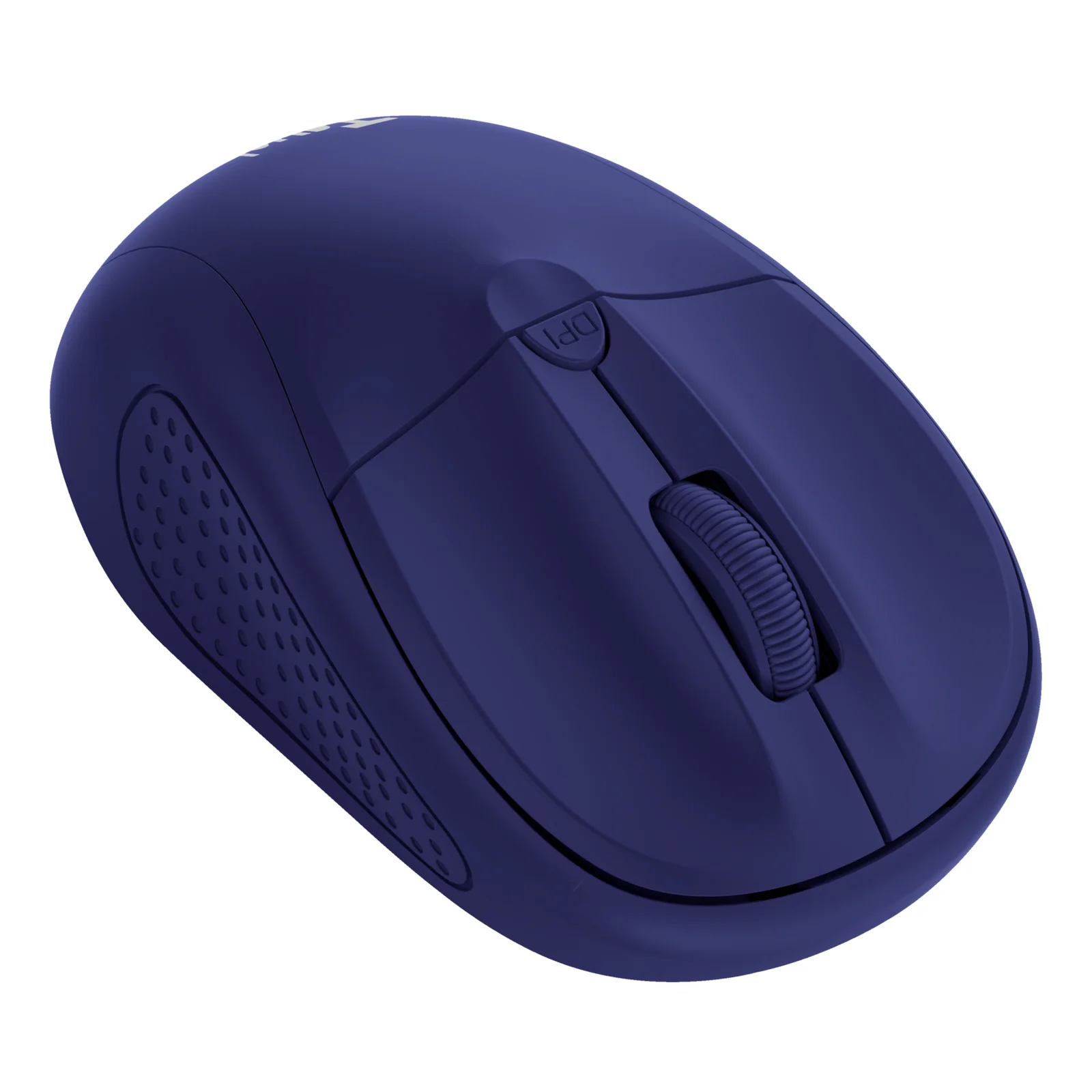 Souris Trust Primo bleue mate, vue trois quarts frontal, angle légèrement surélevé