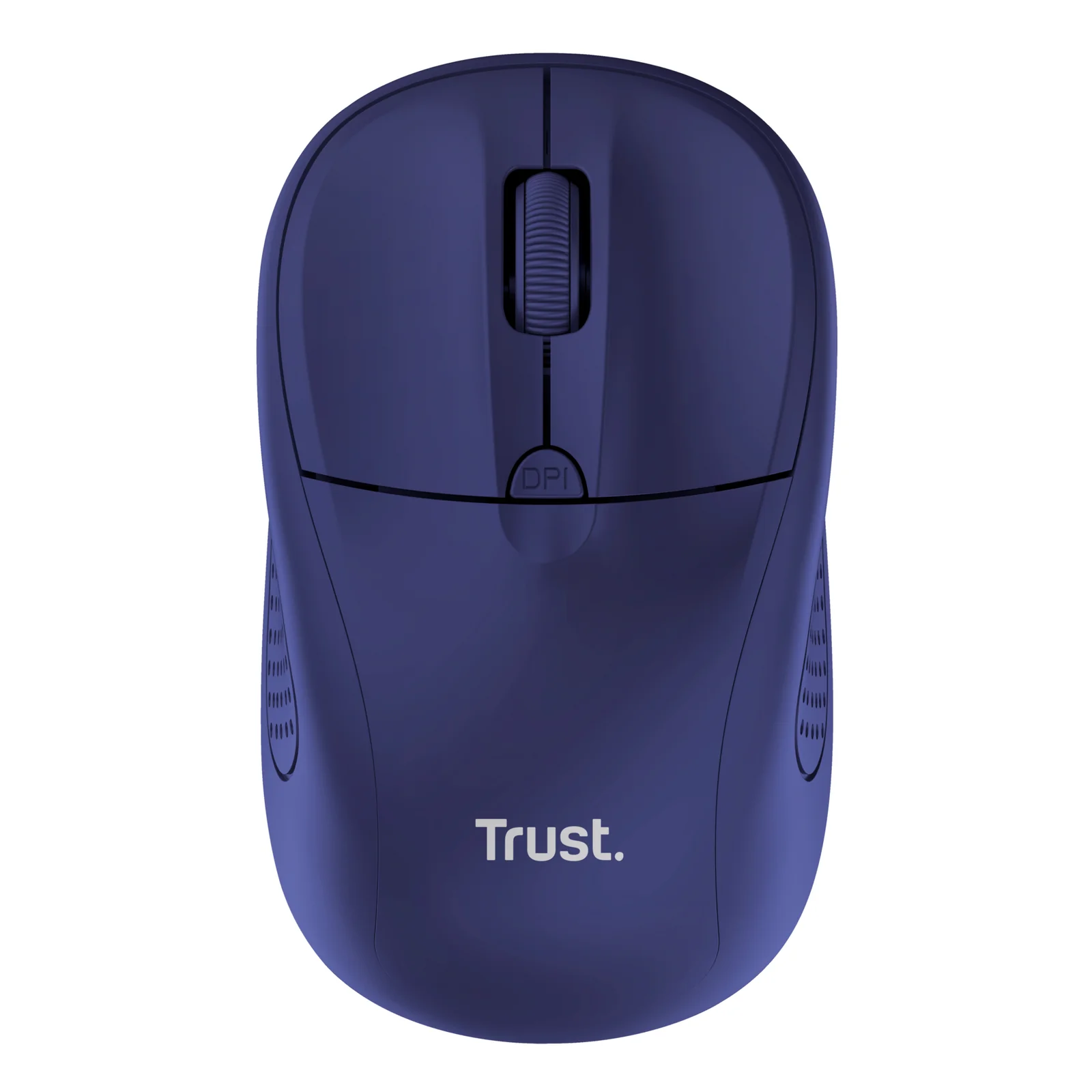 Souris Trust Primo bleue mate, vue de face, logo Trust centré en bas