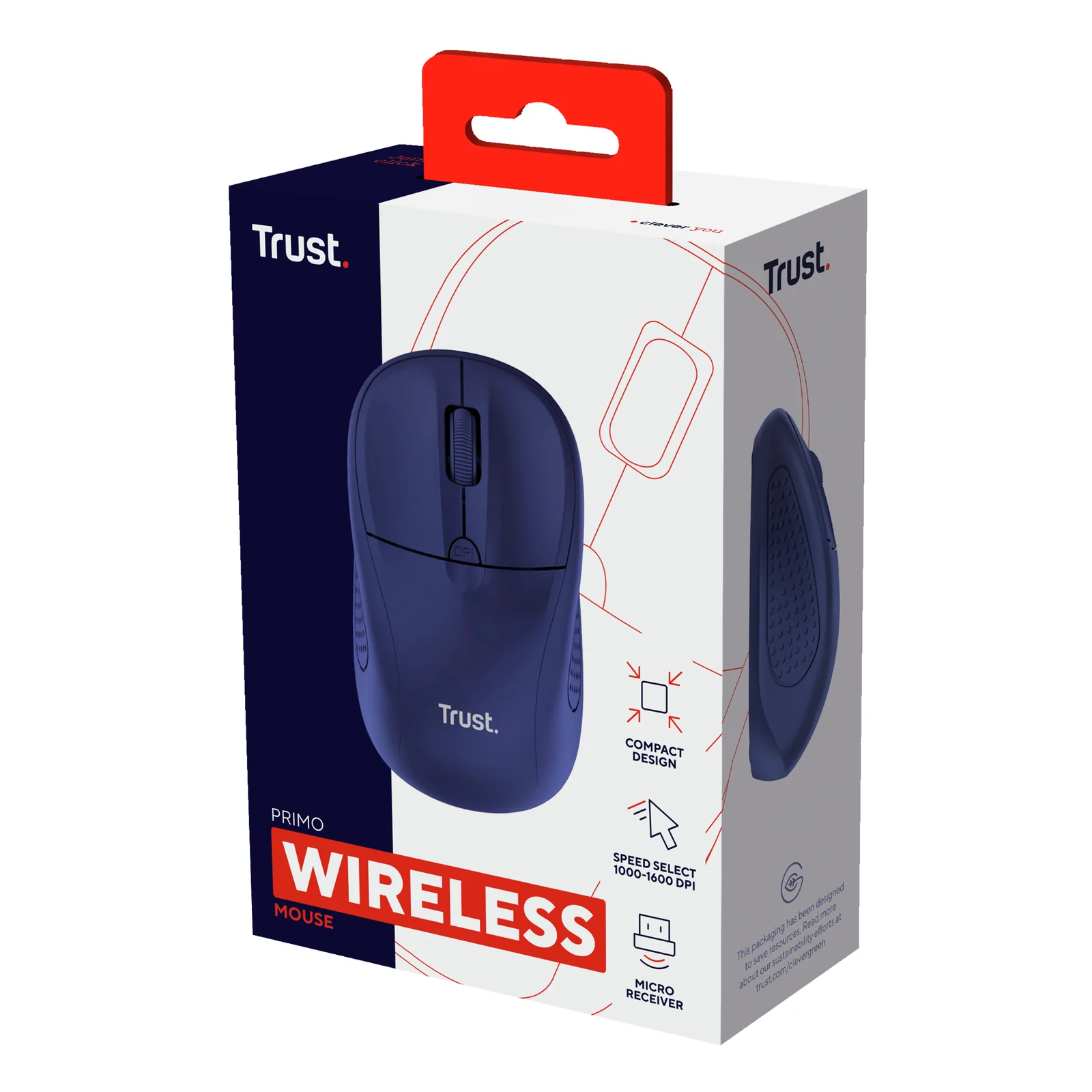 Souris Trust Primo bleue dans son emballage carton blanc, mention Wireless visible
