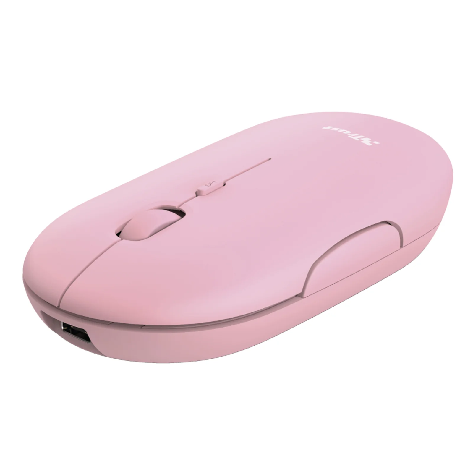 Trust Puck rose, vue trois quarts avant, deux unités côte à côte, récepteur nano USB séparé visible