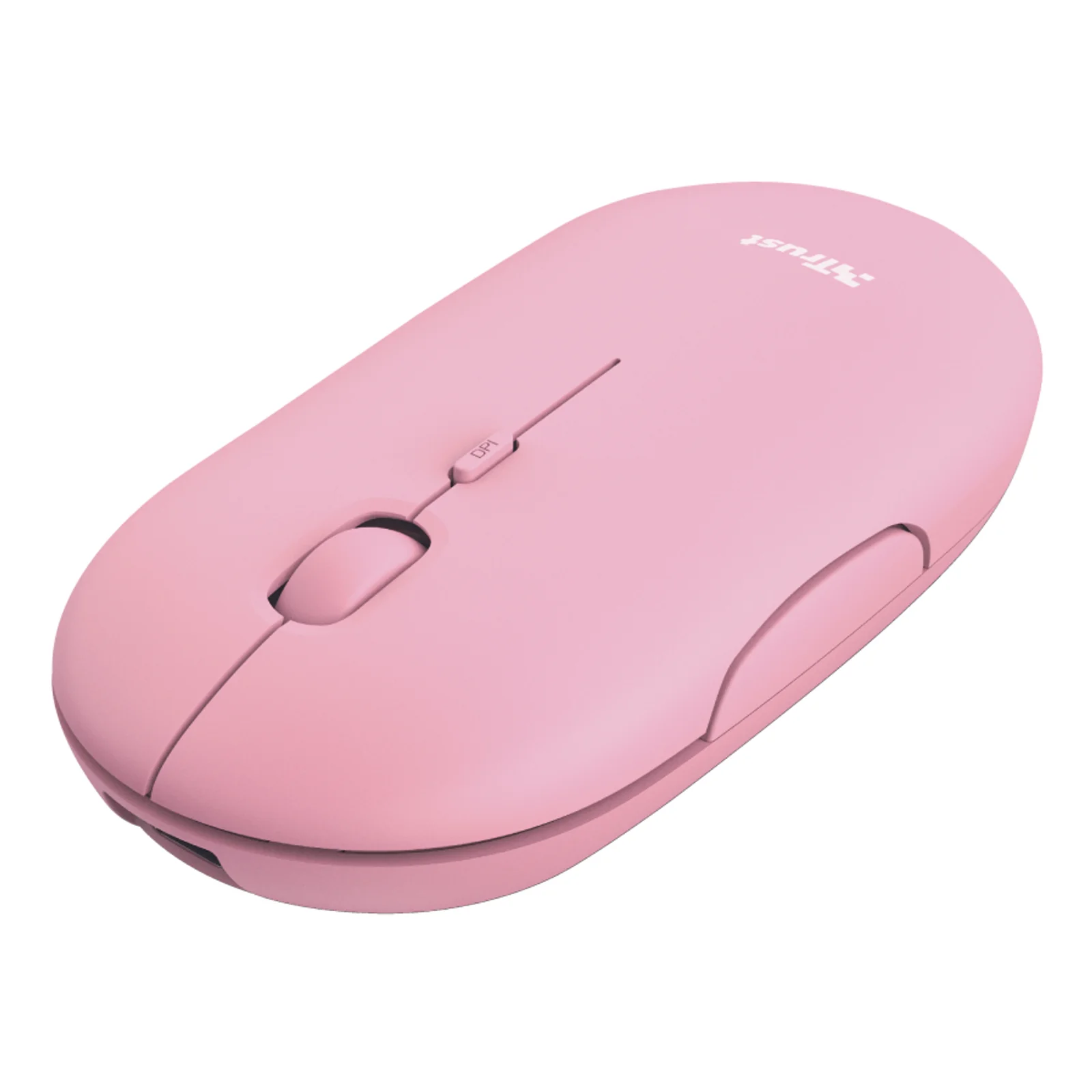 Souris Trust Puck rose vue de dessus, forme ovale, molette centrale et deux boutons principaux