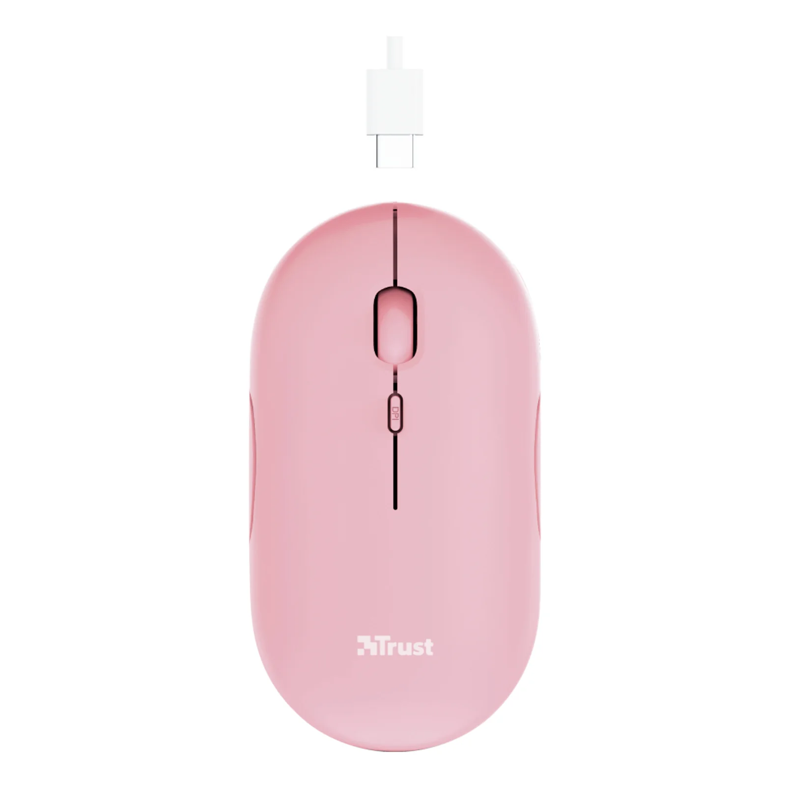 Souris Trust Puck rose vue de dessus, câble USB-C blanc de recharge connecté sur le flanc avant