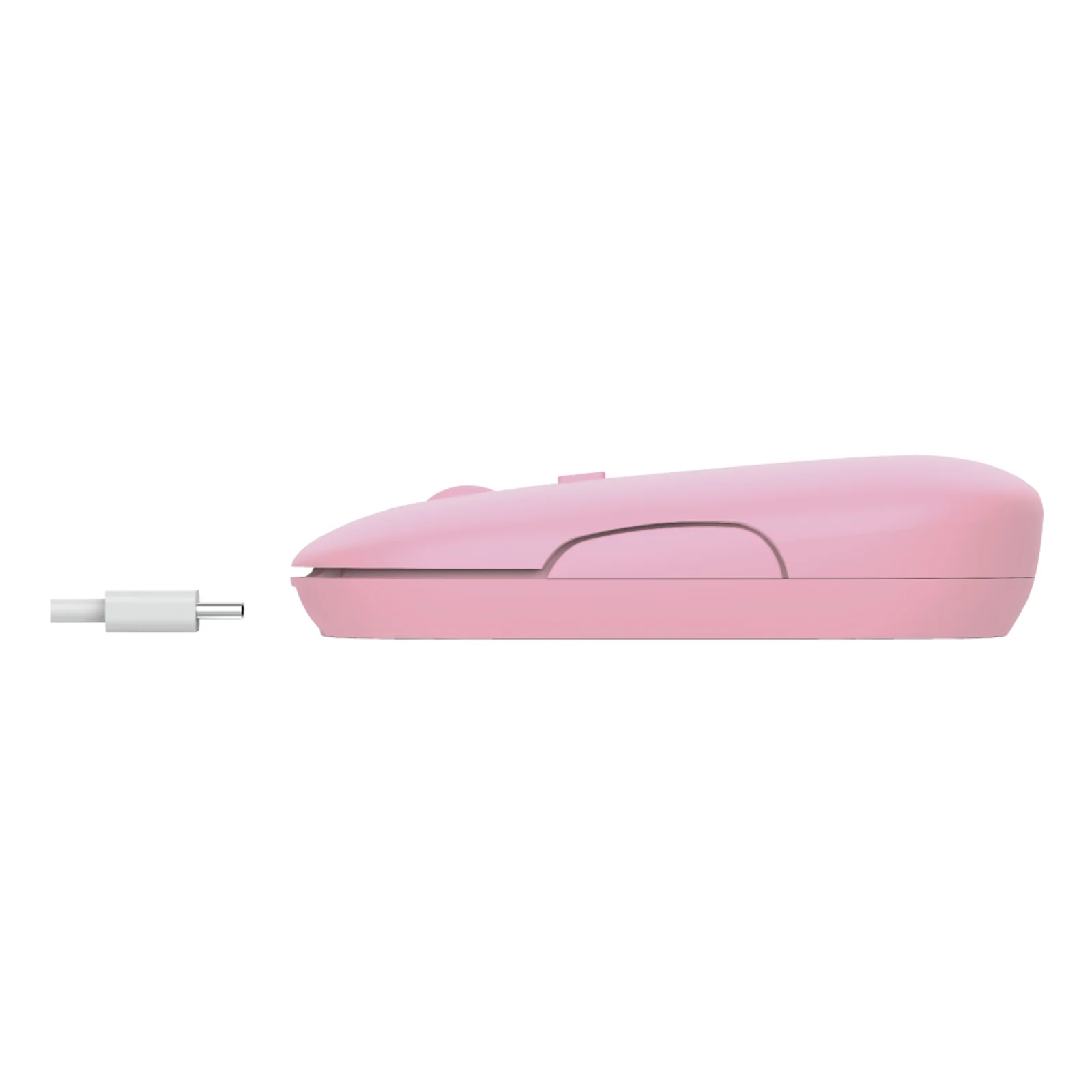 Profil latéral gauche de la souris Trust Puck rose, hauteur très fine, port USB-C apparent