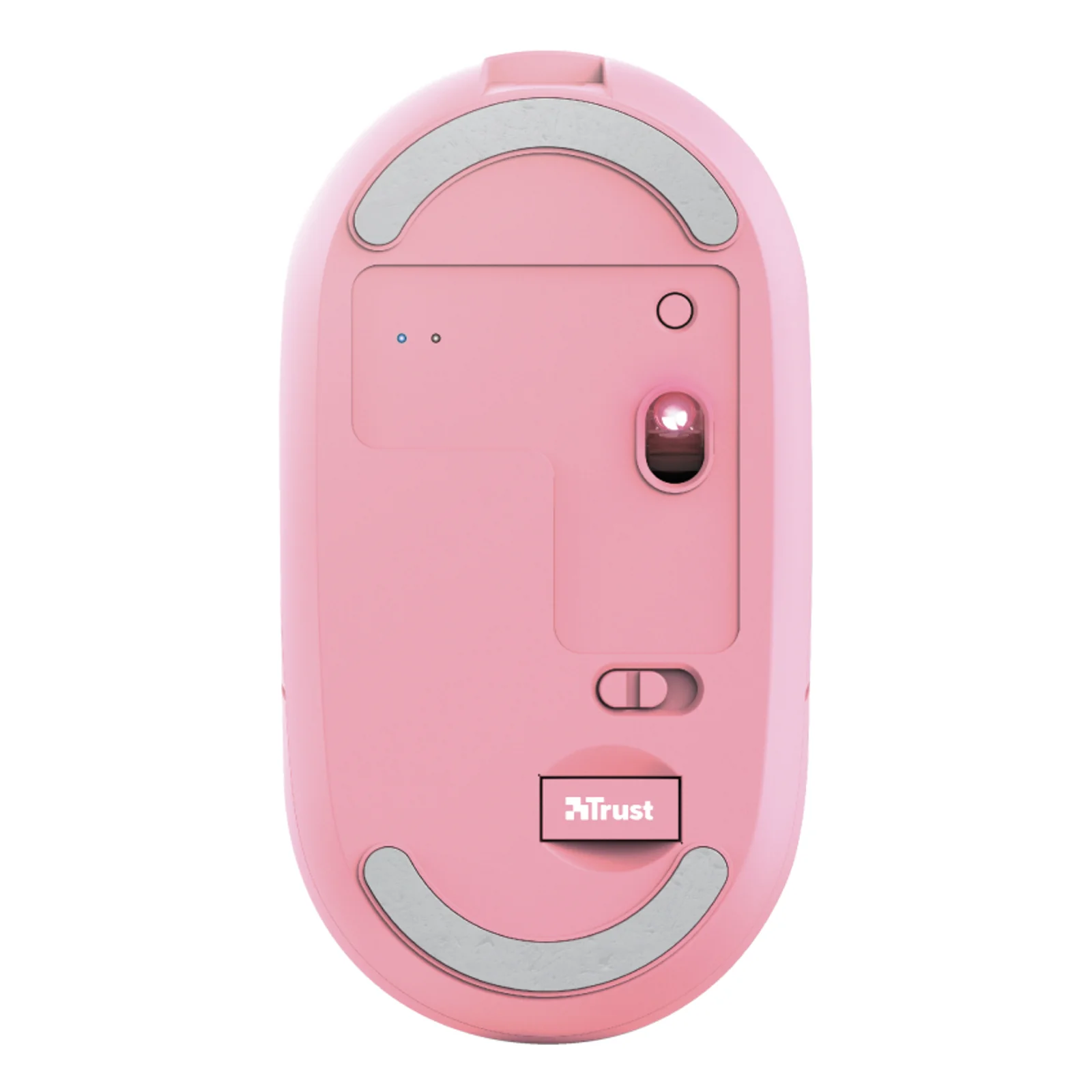 Dessous de la souris Trust Puck rose, capteur optique central, commutateur DIP et interrupteur gris