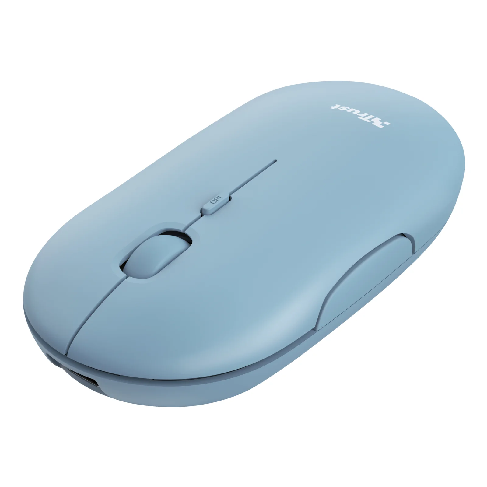 Vue de face, souris Trust Puck bleue, profil plat posée sur fond blanc