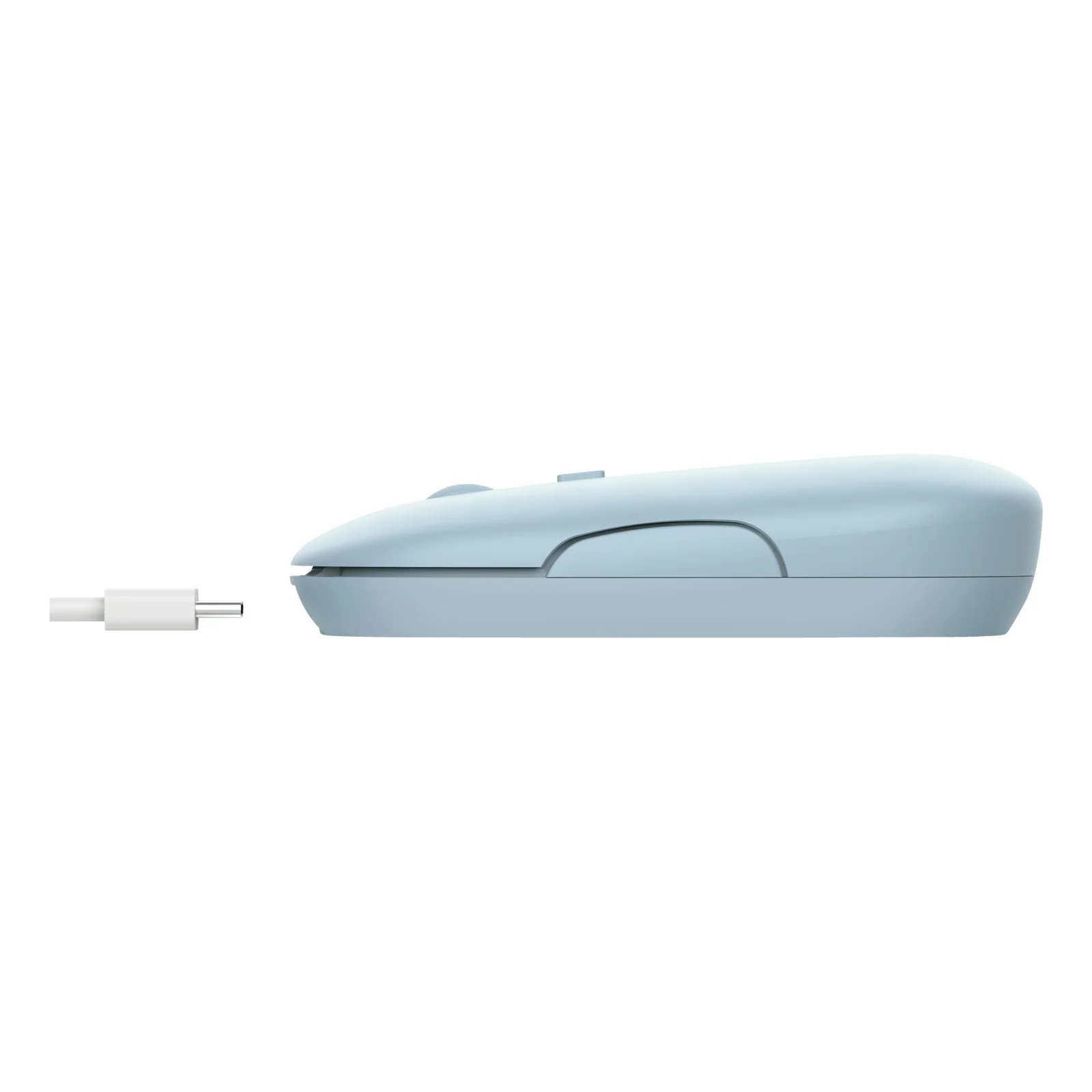 Vue de profil droit, souris Trust Puck bleue, port USB-C visible sur le flanc avant
