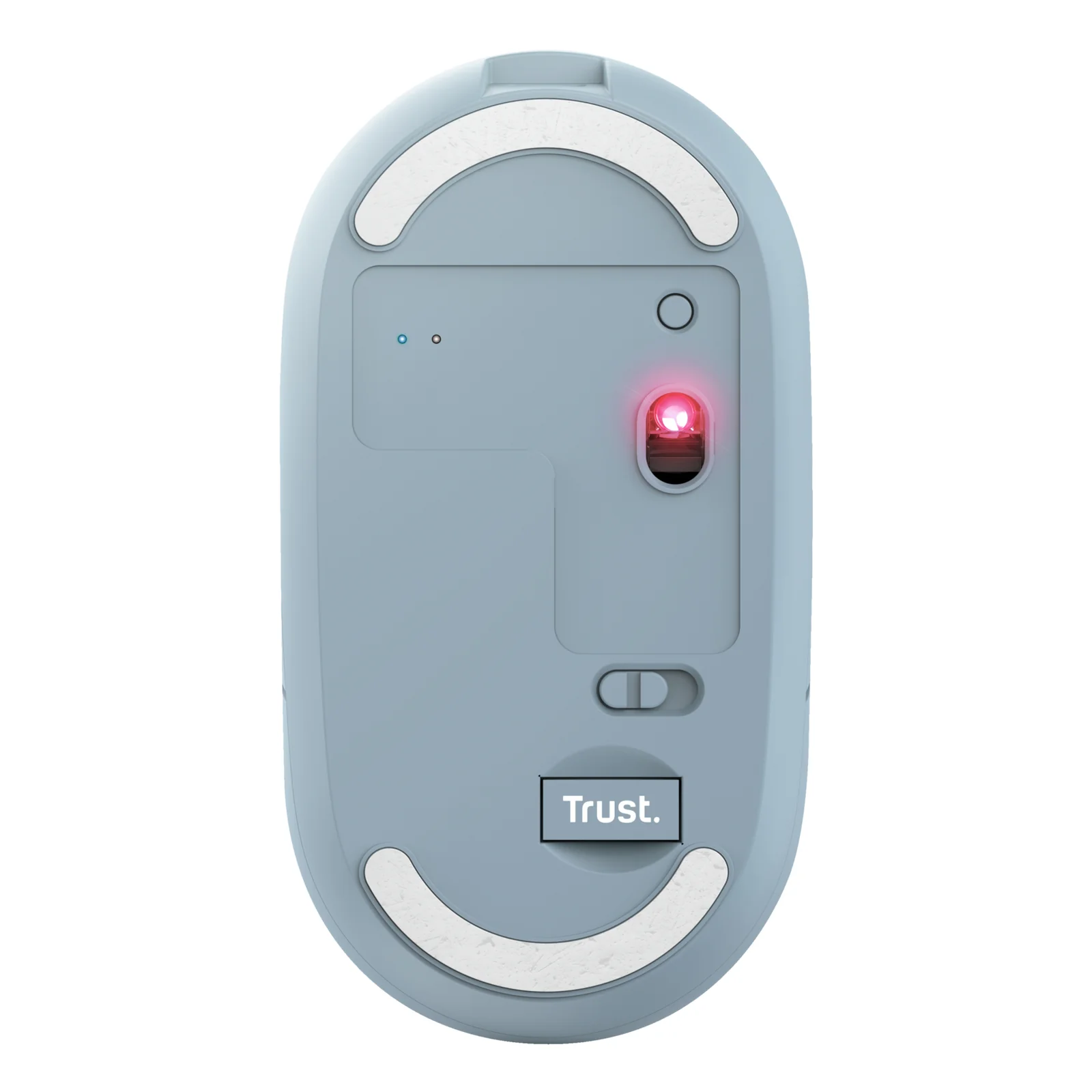 Vue du dessous, souris Trust Puck bleue, capteur optique rouge et logo Trust visibles