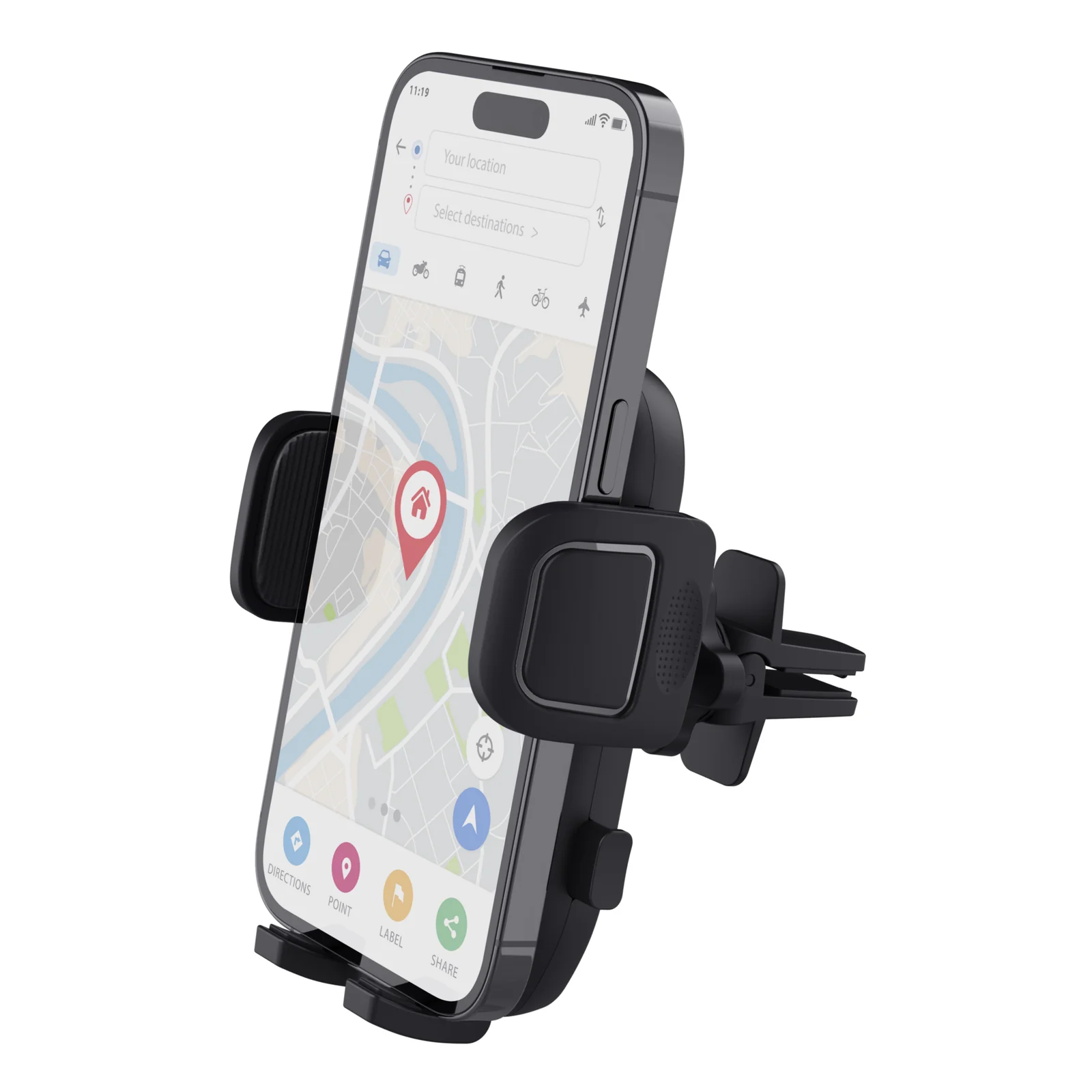Support Trust Runo avec smartphone affichant Google Maps, vue frontale