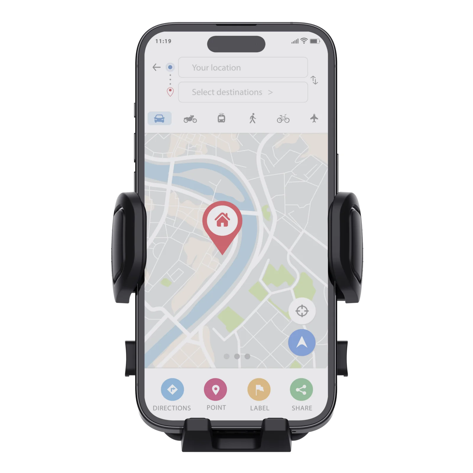 Support Trust Runo avec smartphone en portrait, navigation GPS affichée