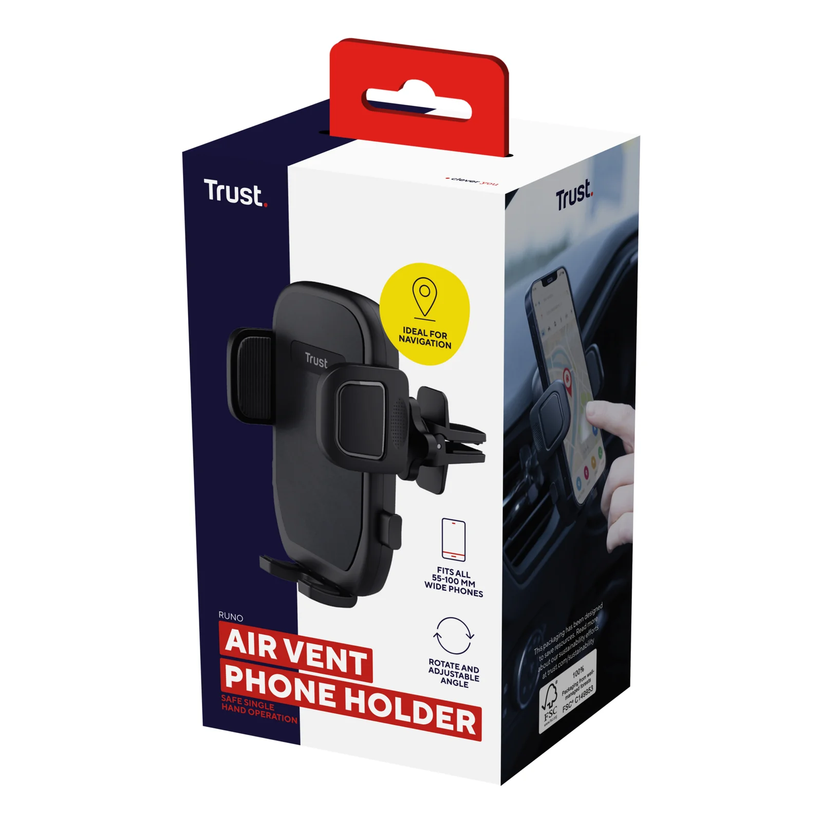 Boîte Trust Air Vent Phone Holder rouge et noire, face avant avec photo produit