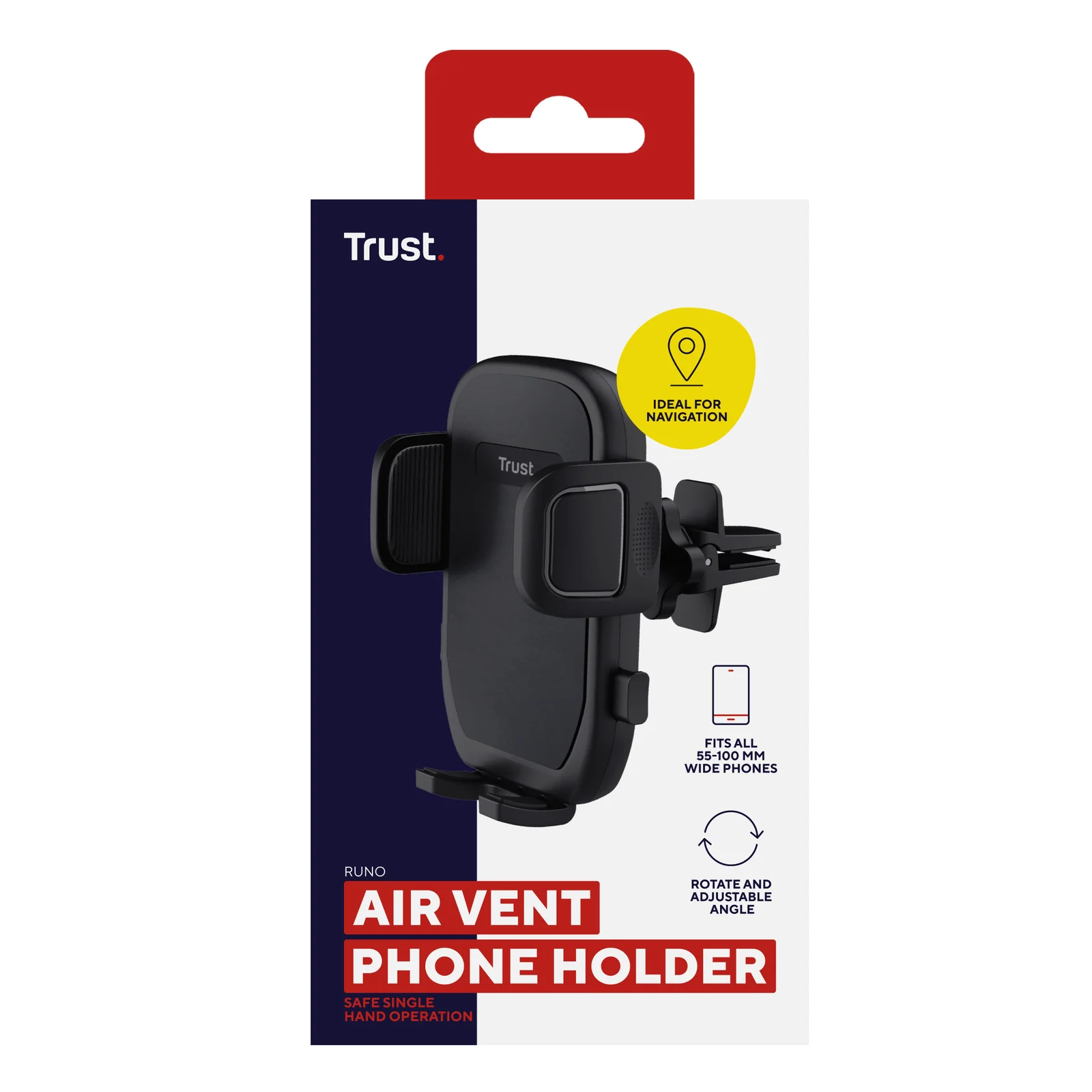 Boîte Trust Air Vent Phone Holder, face avant, logo Trust et pictogrammes