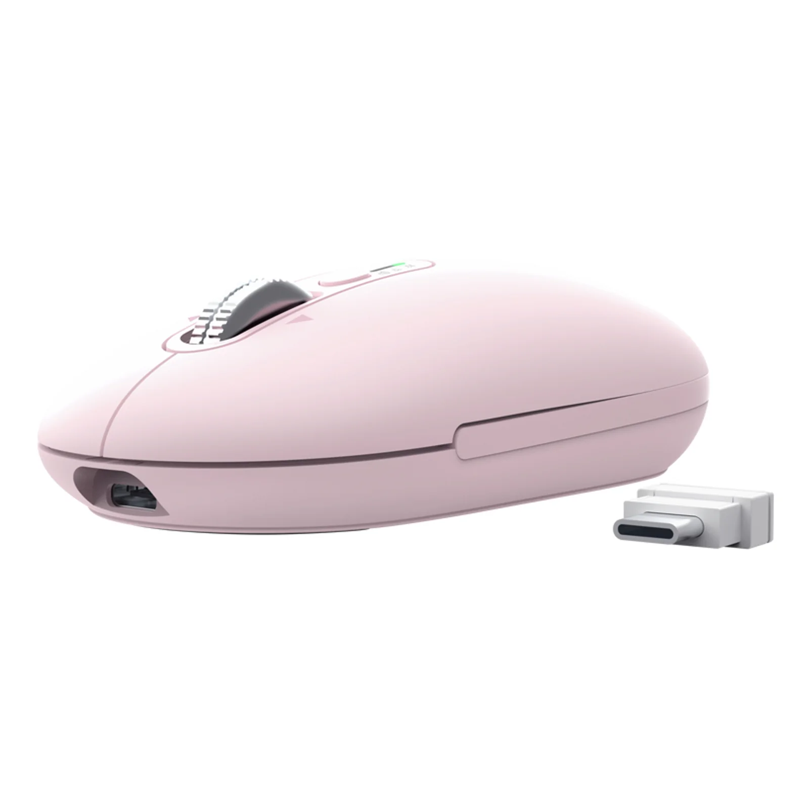 Vue 3/4 avant droit, récepteur nano USB blanc posé à droite de la souris rose