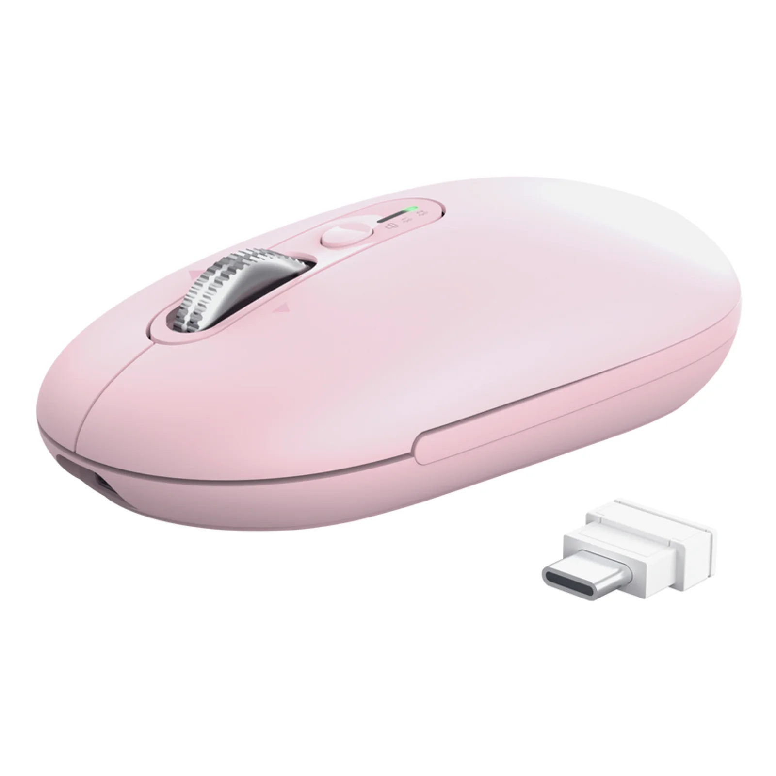 Vue 3/4 avant, deux récepteurs USB-A et USB-C blancs posés devant la souris rose