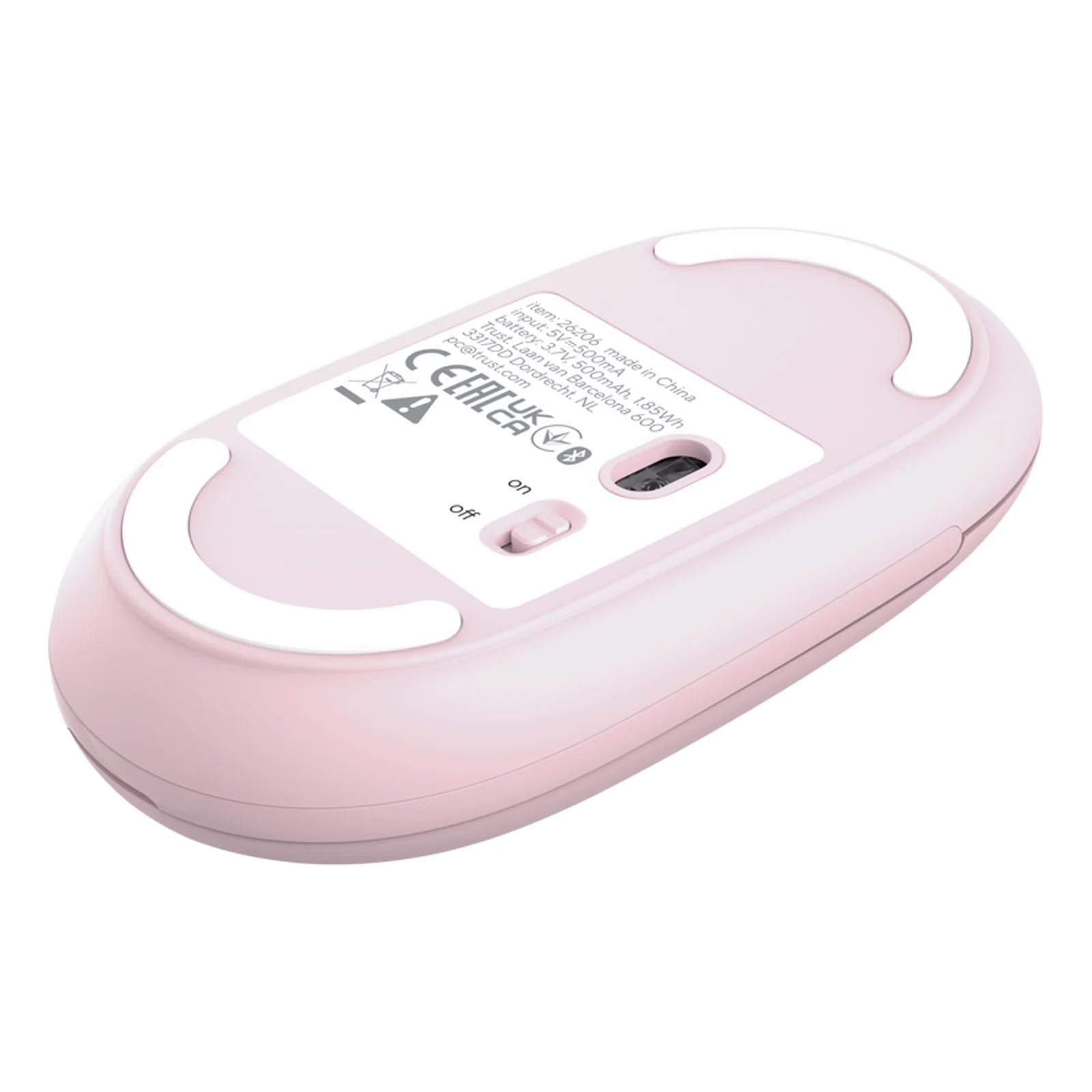 Vue du dessous, capteur optique central, compartiment batterie, étiquettes de certification