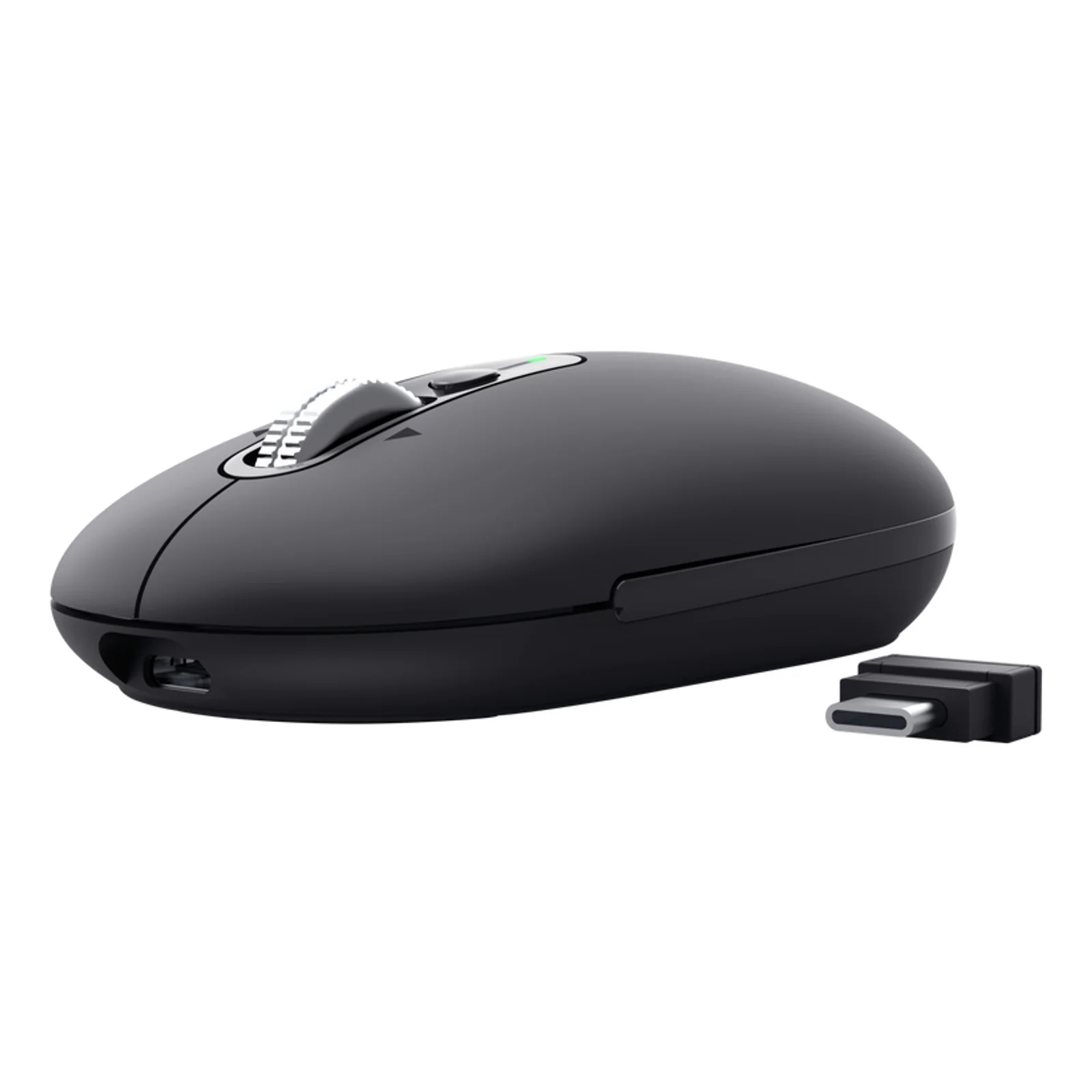 Vue 3/4 arrière, souris noire, récepteur USB-A sorti visible en bas à l'arrière du boîtier