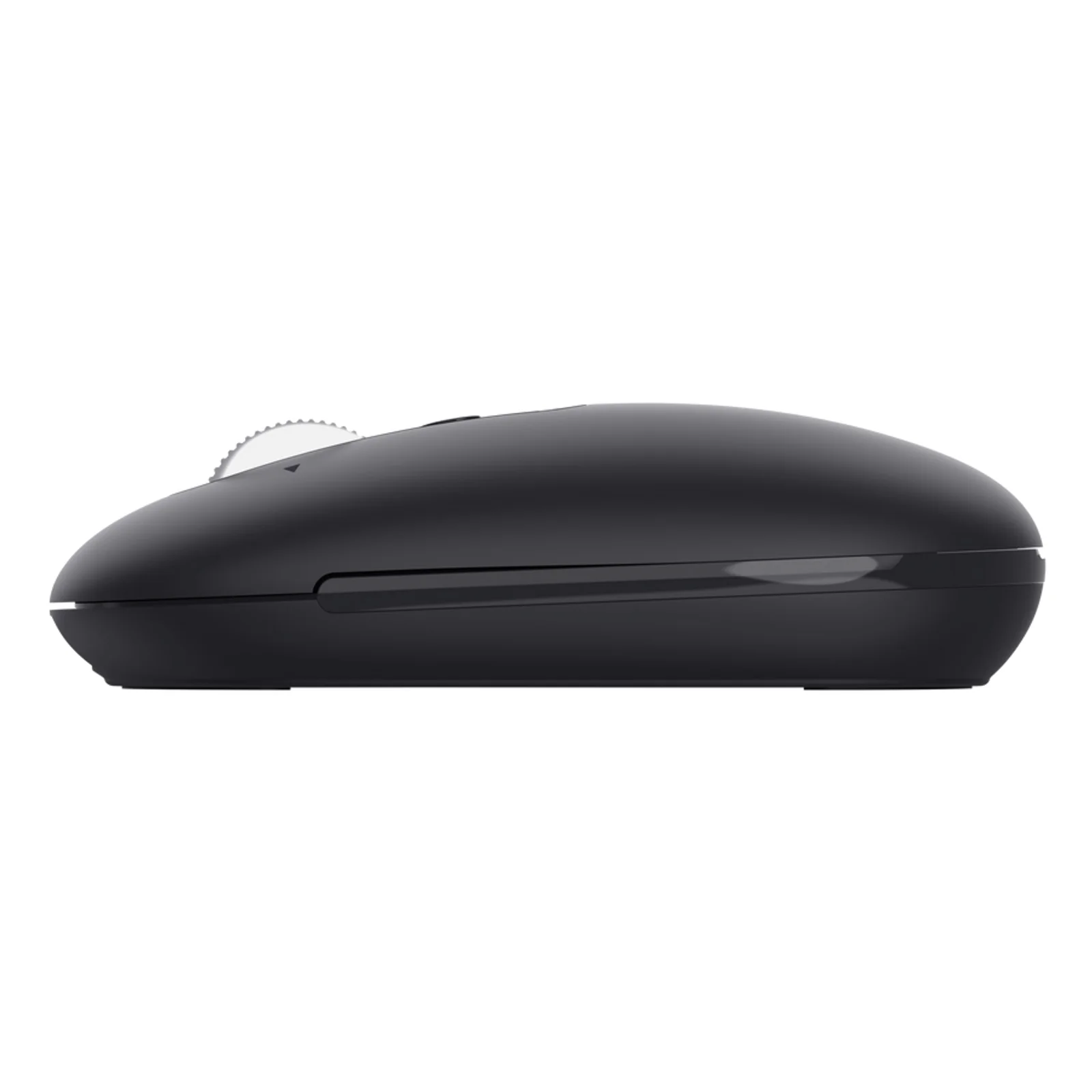 Vue de profil droit, souris noire compacte, forme ovale, bouton latéral visible