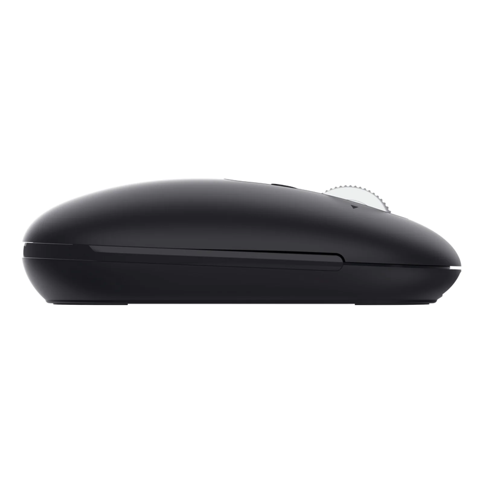 Vue de profil gauche, souris noire, design épuré, profil bas