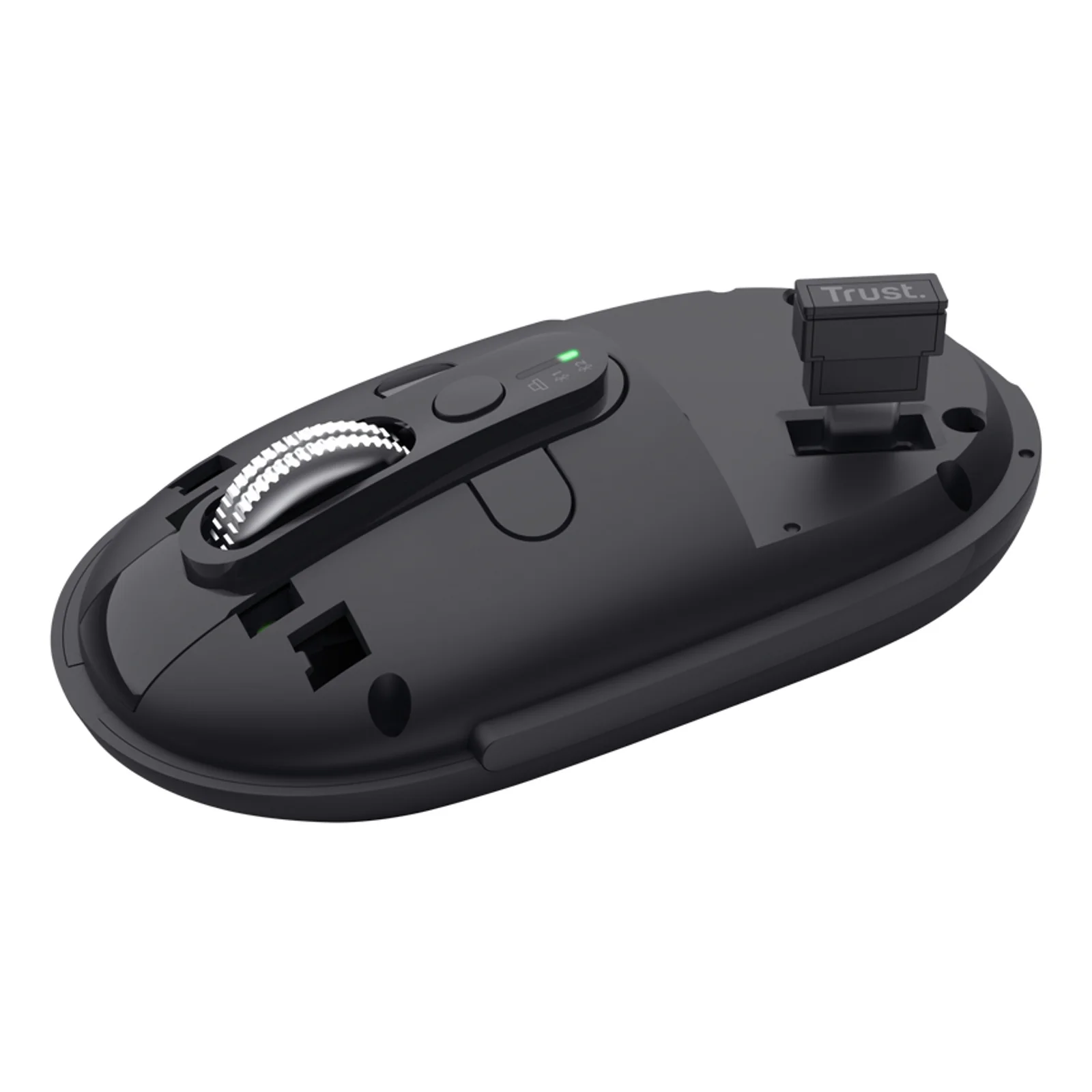 Vue du dessous en angle, souris noire retournée, languette batterie et logement de rangement récepteur visibles