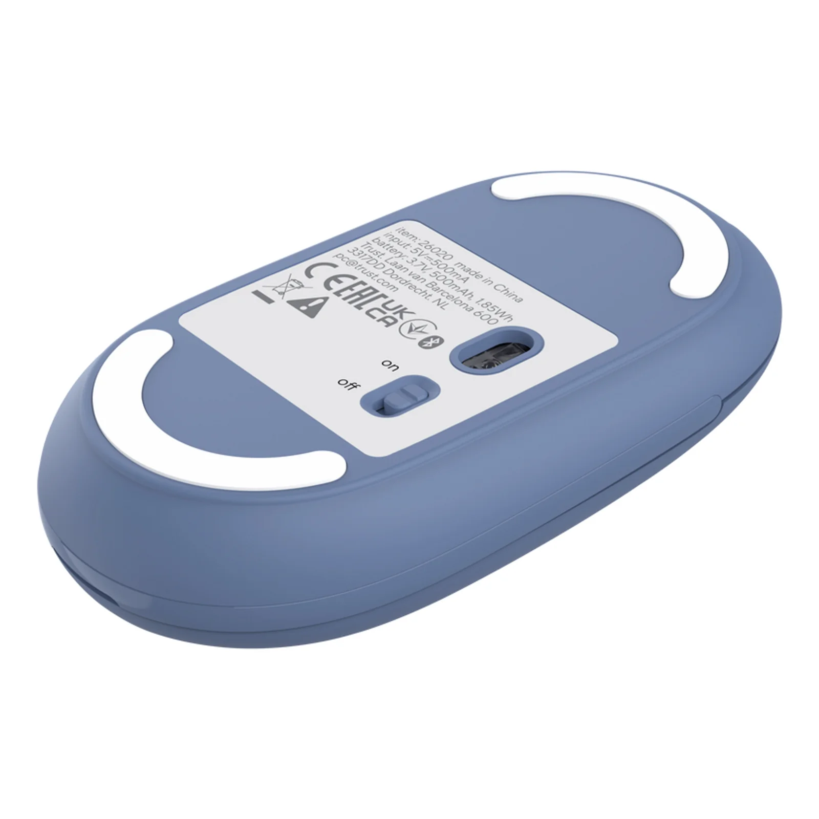 Trust Seron Slim Multi bleue, dessous, capteur optique central et pastilles de glisse