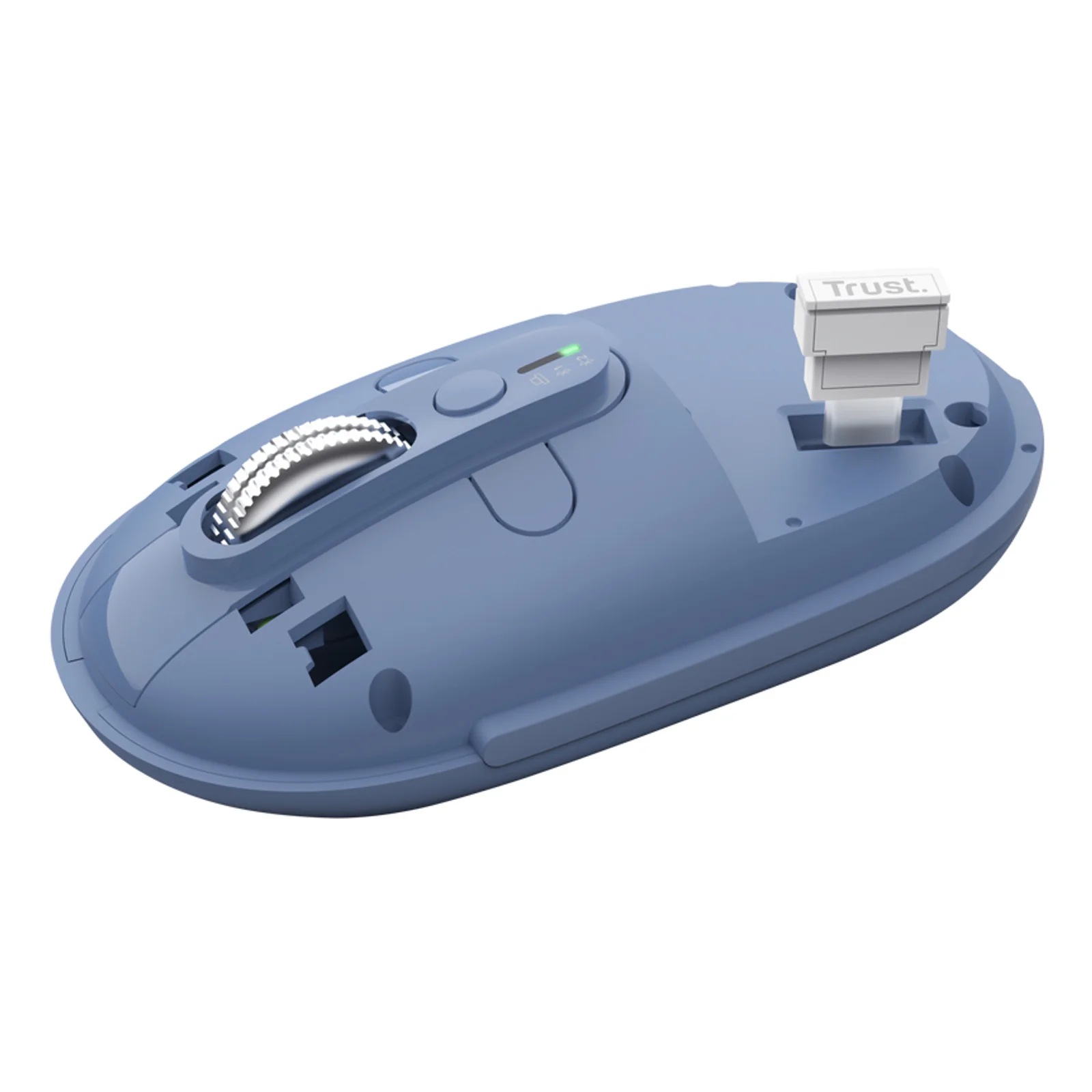 Trust Seron Slim Multi bleue, dessous ouvert, port USB-C de recharge visible