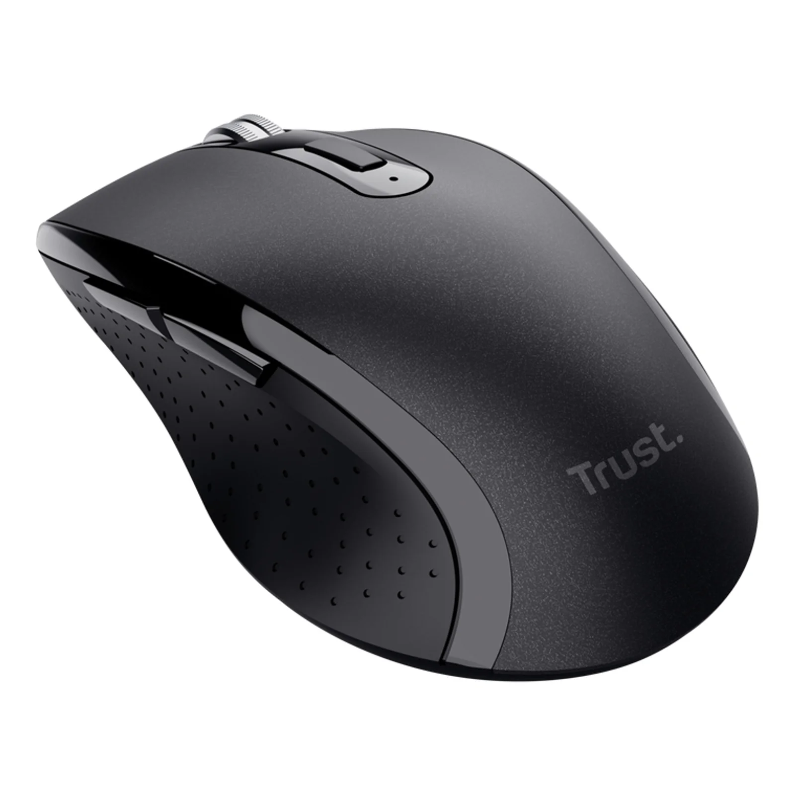 Souris Trust Sura noire, vue avant trois quarts gauche, logo Trust et molette visibles