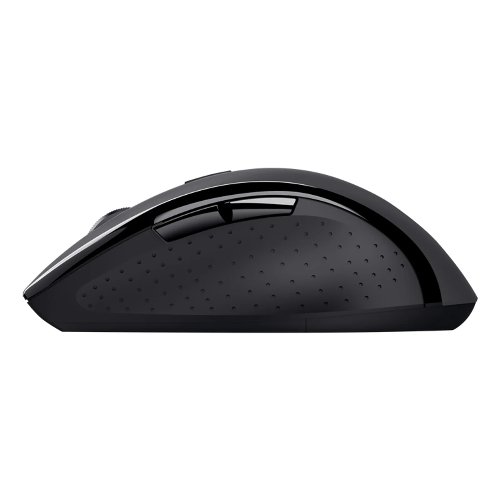 Souris Trust Sura noire, profil droit, silhouette complète sur fond blanc