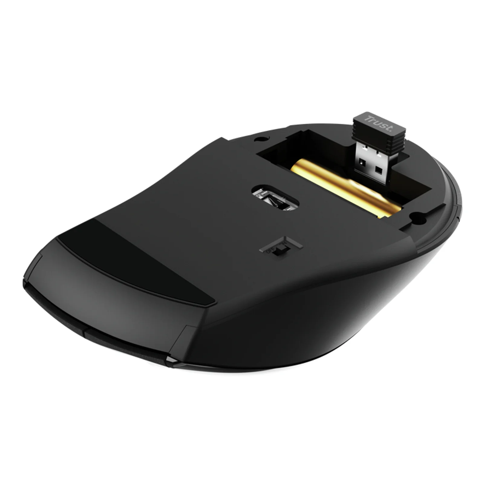 Dessous de la souris Trust Sura noire, capteur optique et trappe du compartiment piles
