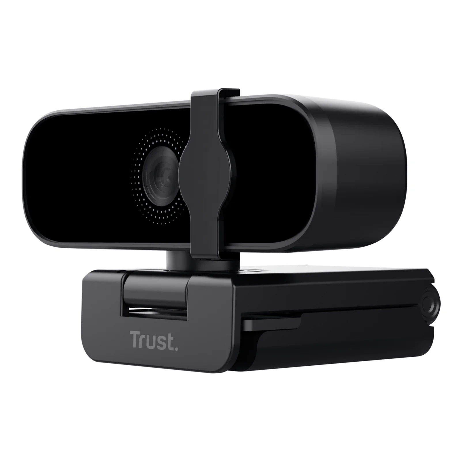 Trust Tanor, vue frontale de trois quarts, boîtier noir compact, objectif central et logo Trust