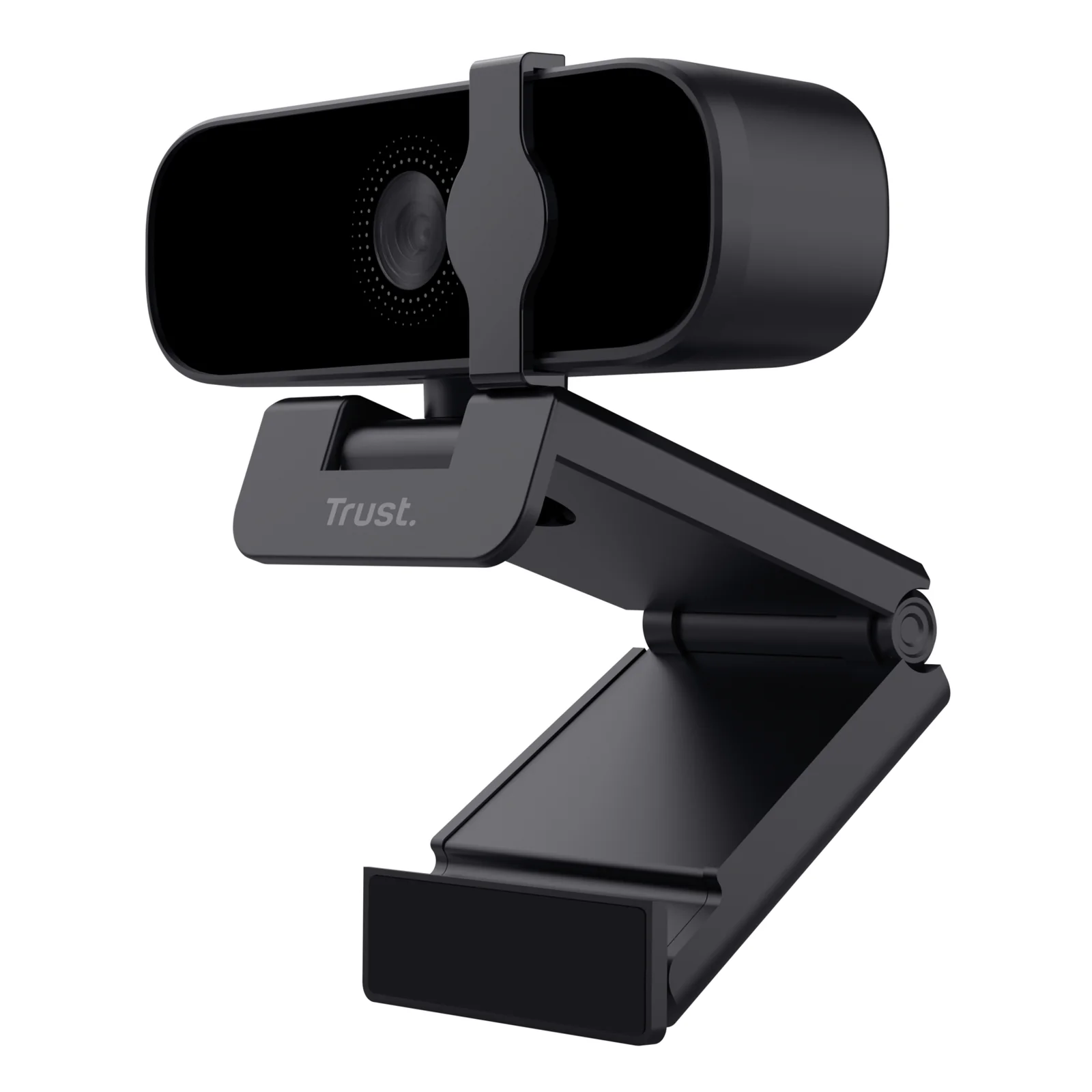 Trust Tanor vue de profil, pied articulé déplié, forme compacte noire