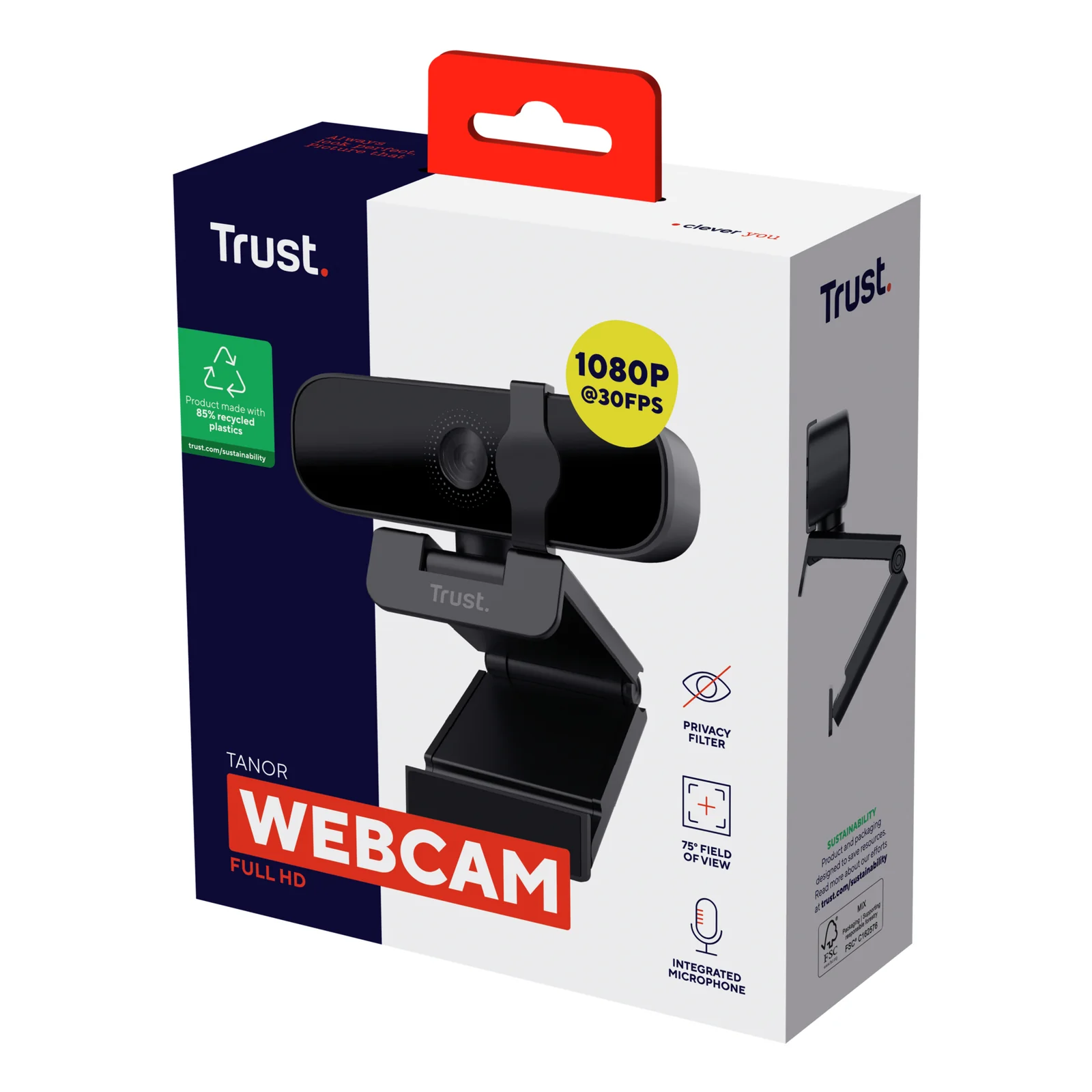Boîte Trust Tanor webcam, face avant, indications 1080p Full HD et 30fps