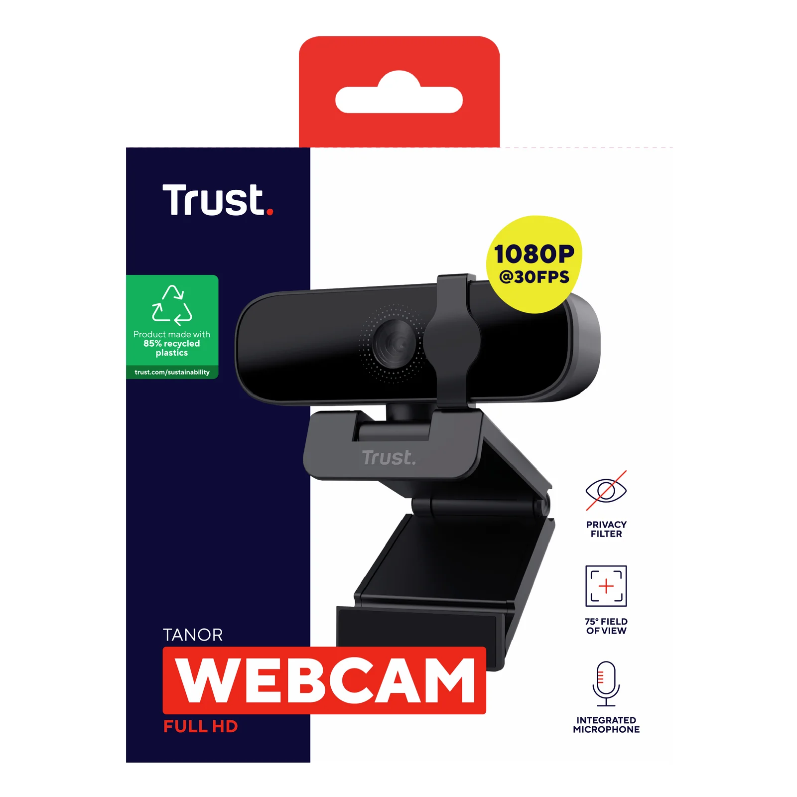 Emballage Trust Tanor Full HD, vue de trois quarts, logo Trust et spécifications 1080p