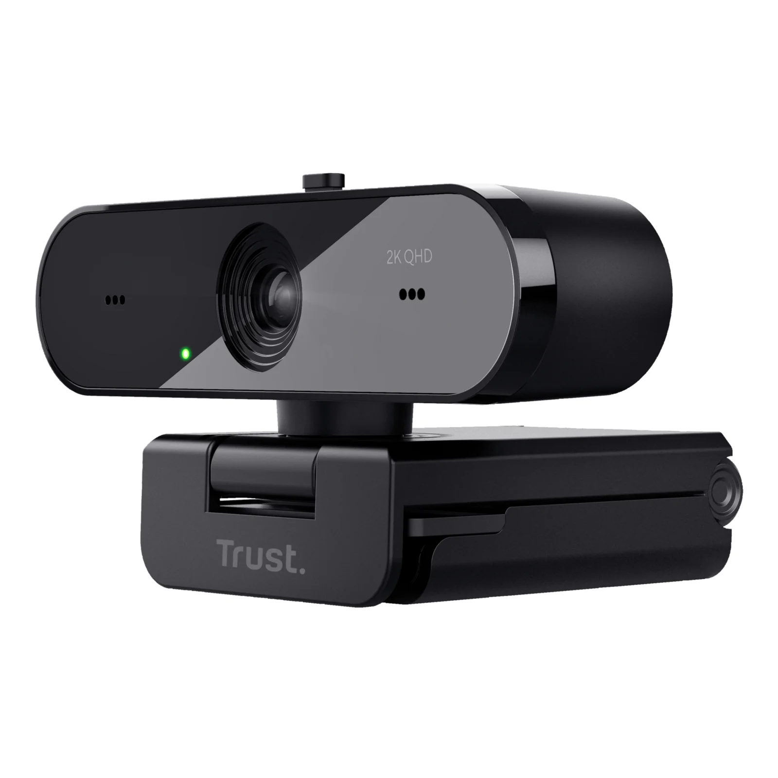Webcam Trust Taxon noire, vue trois quarts avant droit, logo Trust visible sur la façade