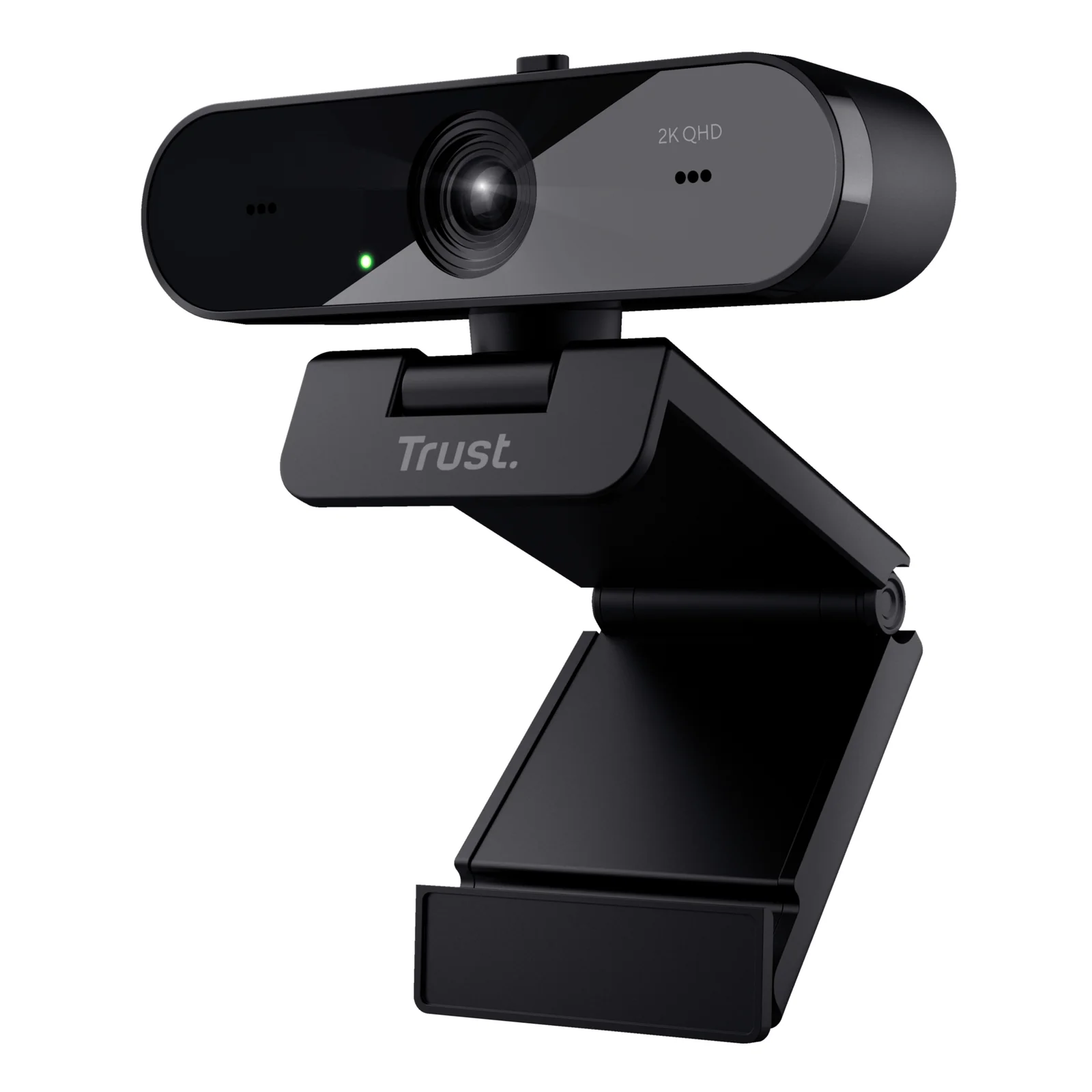 Webcam Trust Taxon noire, vue légèrement inclinée vers la gauche, cache vie privée visible