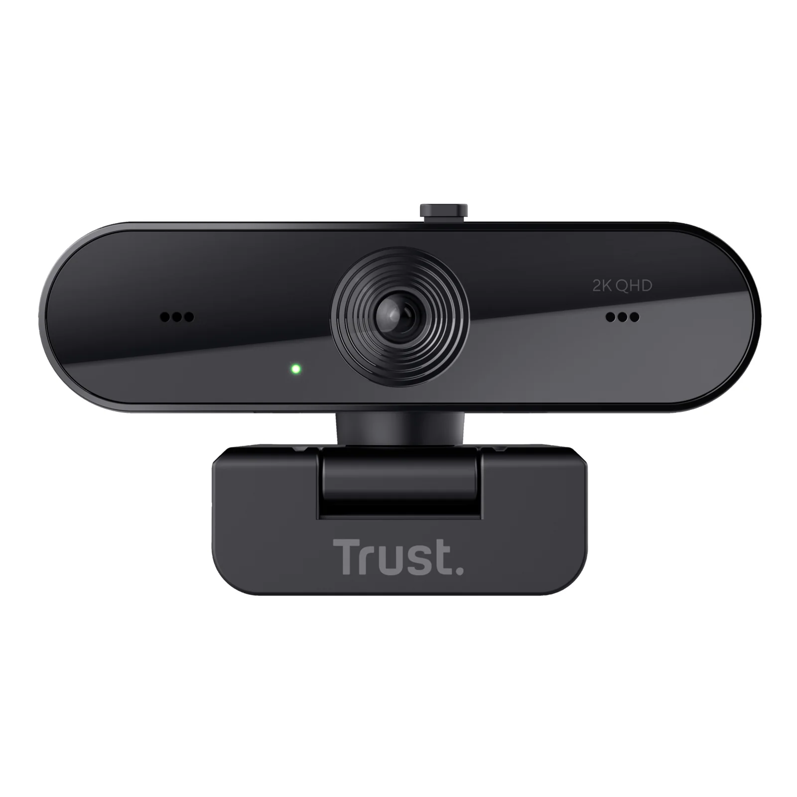 Webcam Trust Taxon noire, vue frontale, objectif central et grilles micro de chaque côté