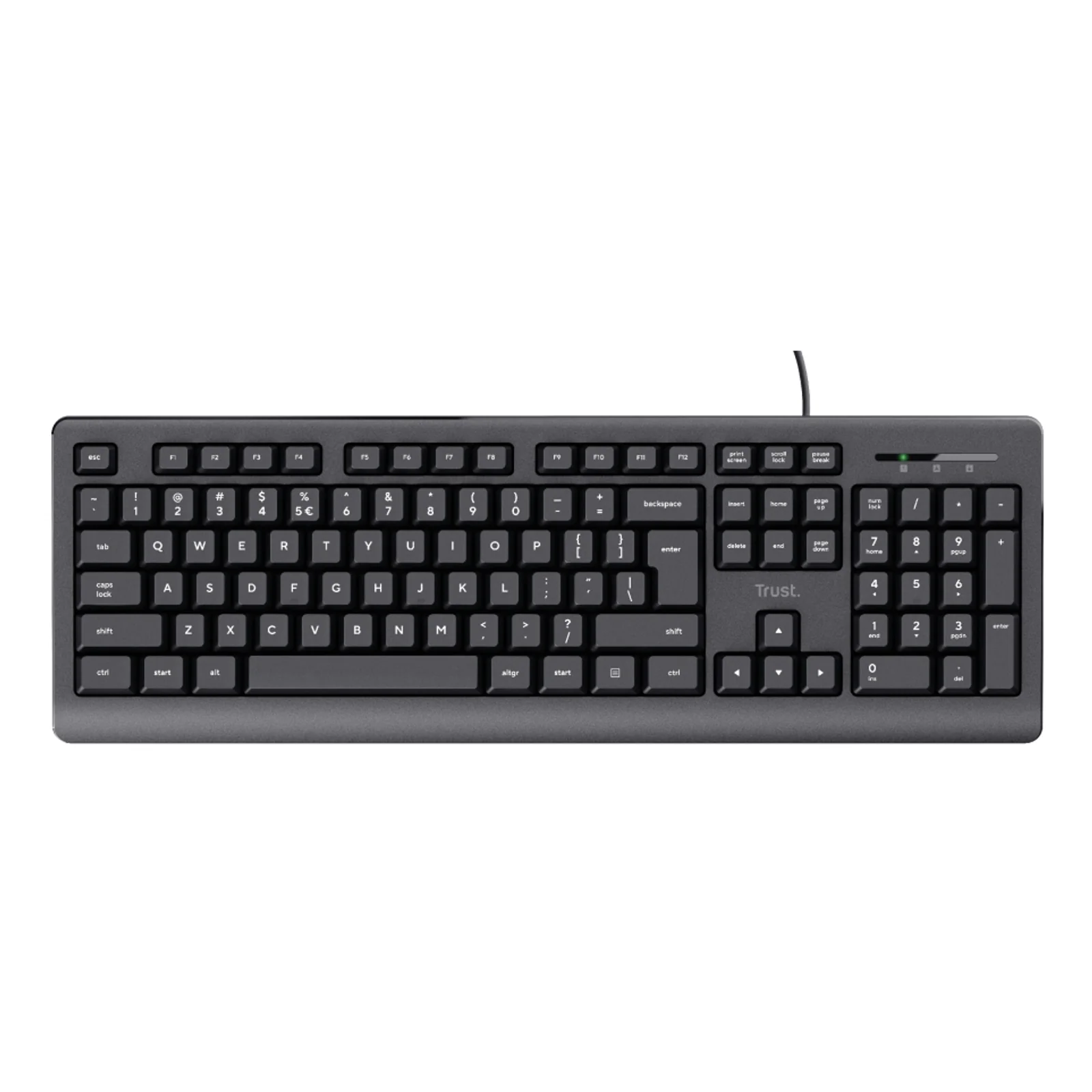 Vue légèrement surélevée, clavier noir Trust TK-150, touches AZERTY, logo Trust bas droit