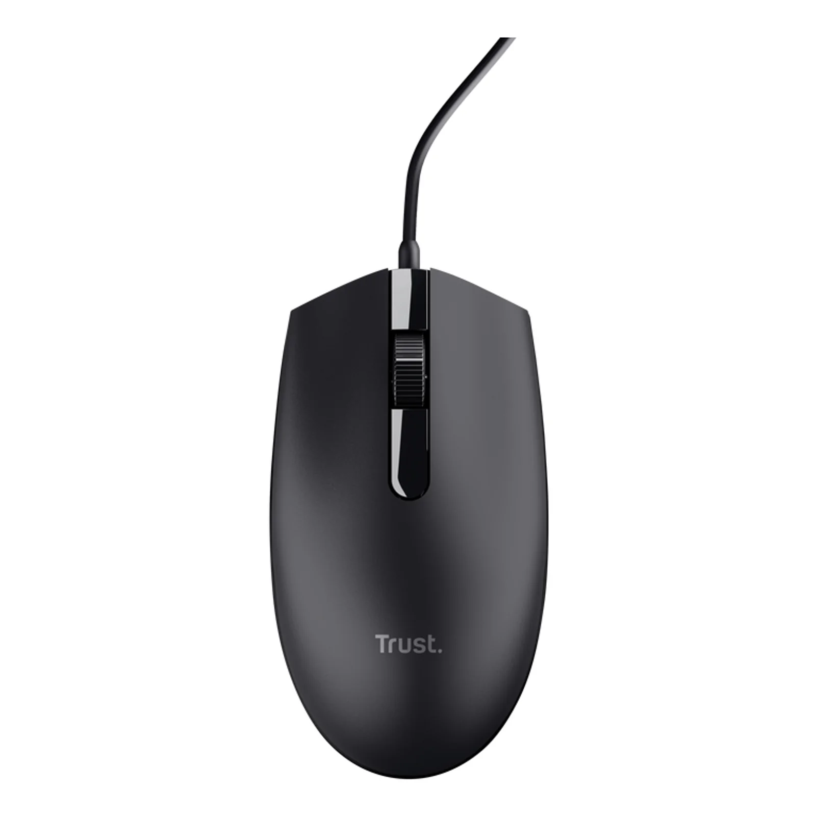 Vue de face de la souris Trust TM-101 noire avec logo Trust visible, câble USB noir