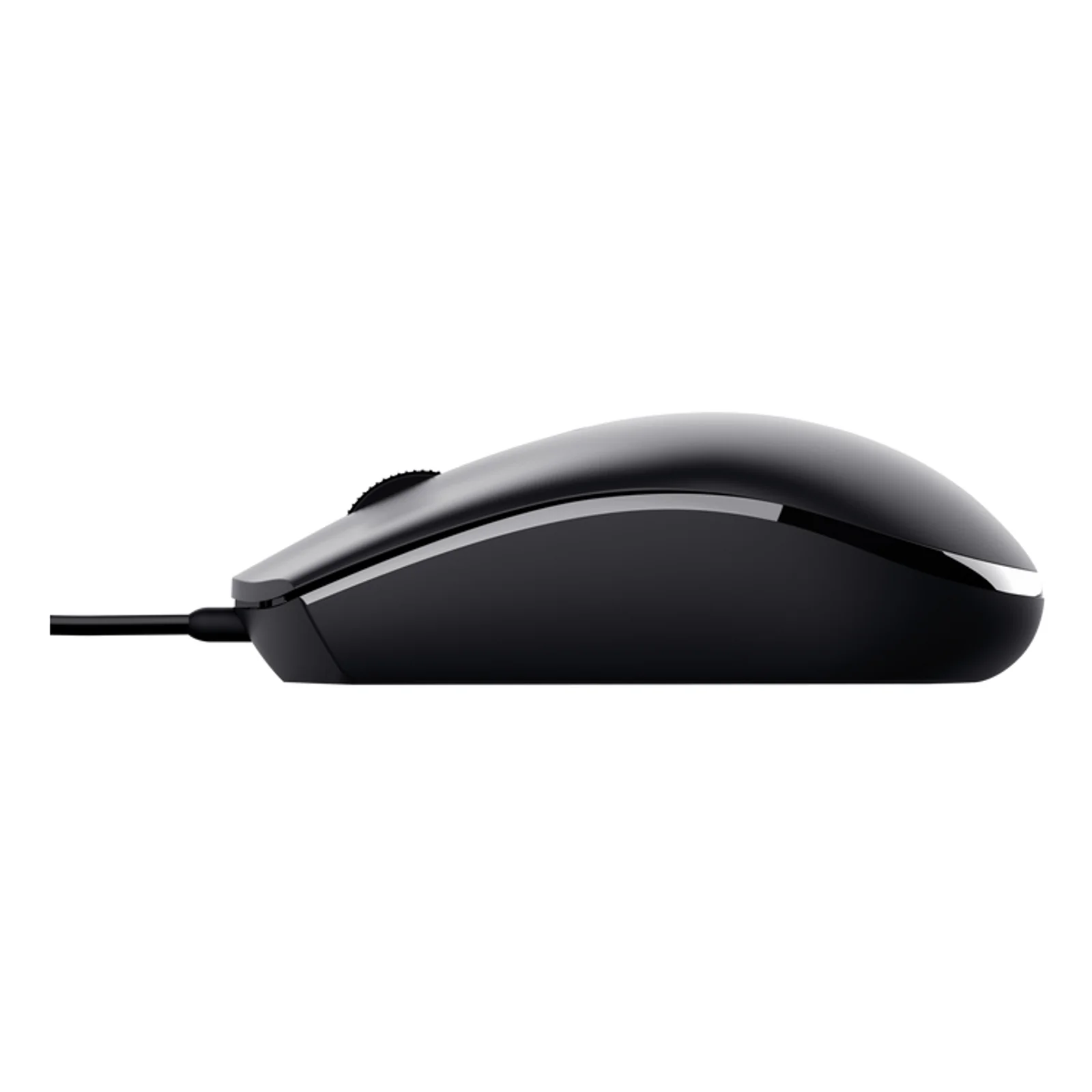 Vue de profil de la souris Trust TM-101, boîtier noir arrondi, câble USB noir à l'avant