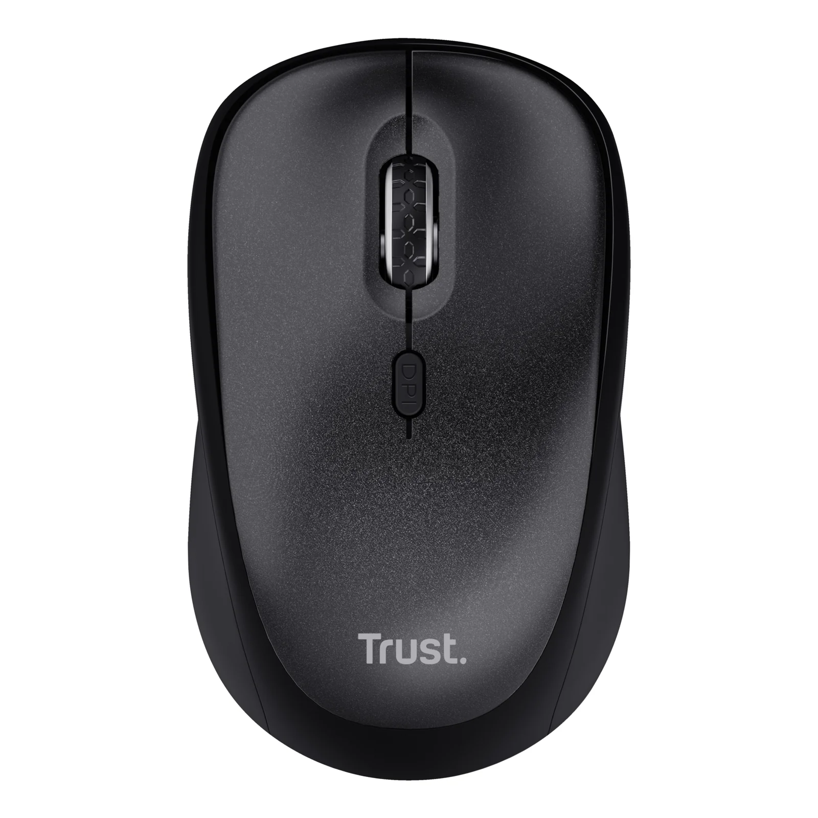 Souris Trust TM-201 noire, vue de face avec logo Trust centré, fond blanc