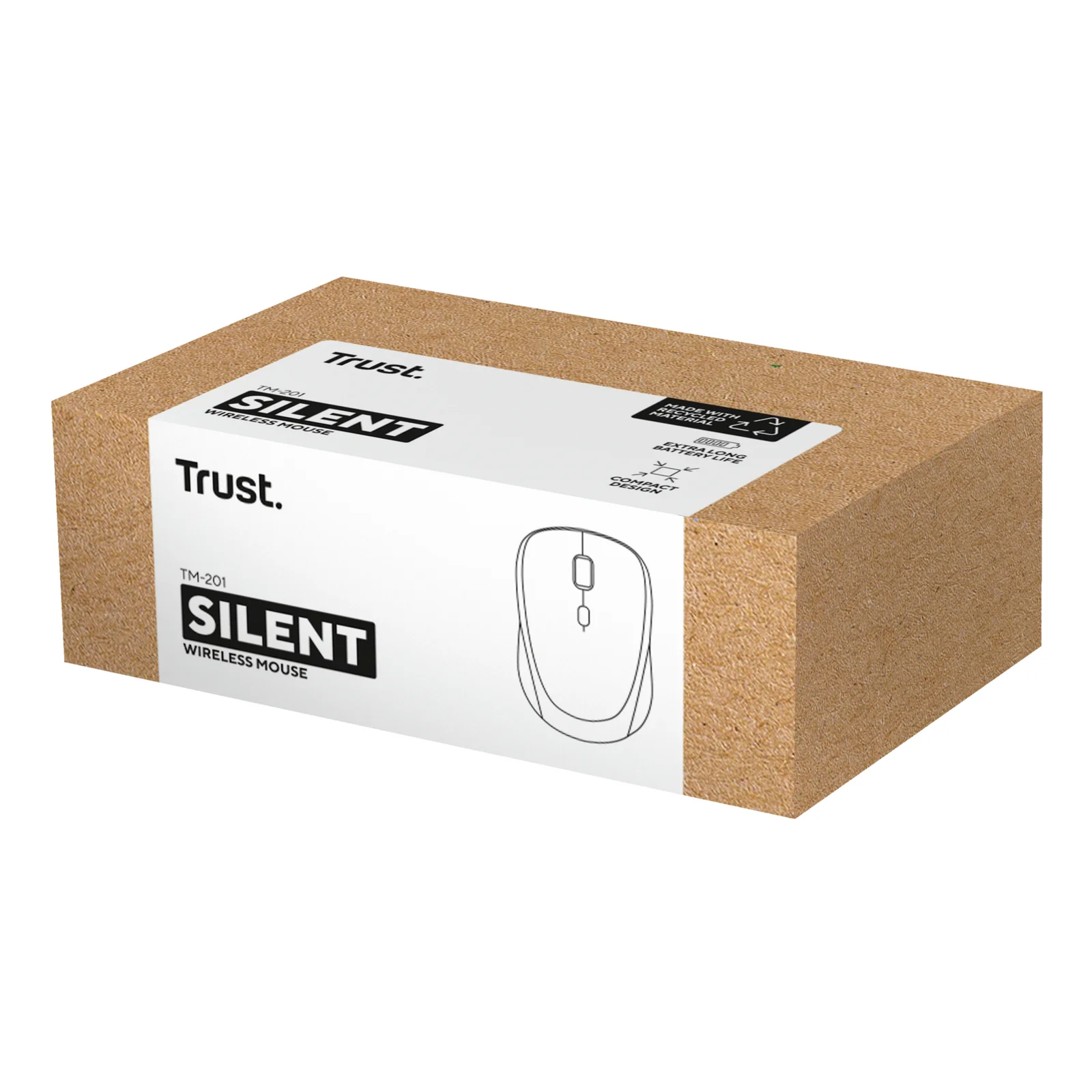 Boîte d'emballage Trust Silent en carton brun avec illustration de souris blanche