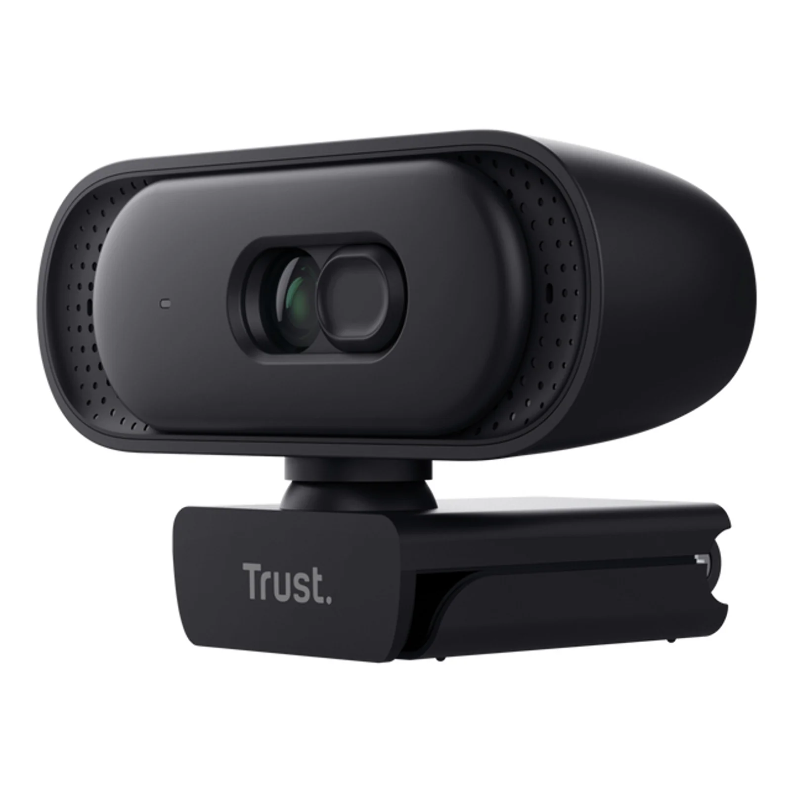 Trust Tomar webcam noire, vue trois quarts, objectif central, logo Trust en façade