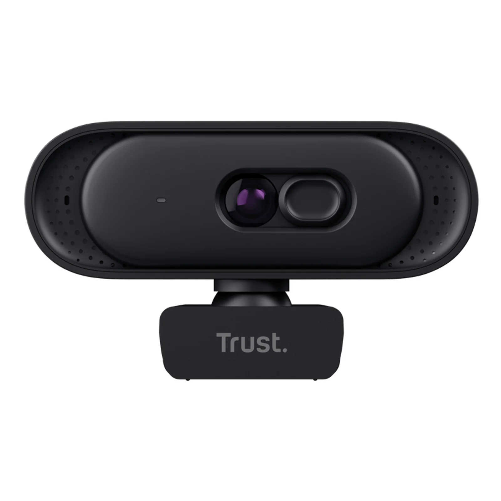Trust Tomar webcam noire, vue de face, objectif à reflet violet, voyant LED, logo Trust centré