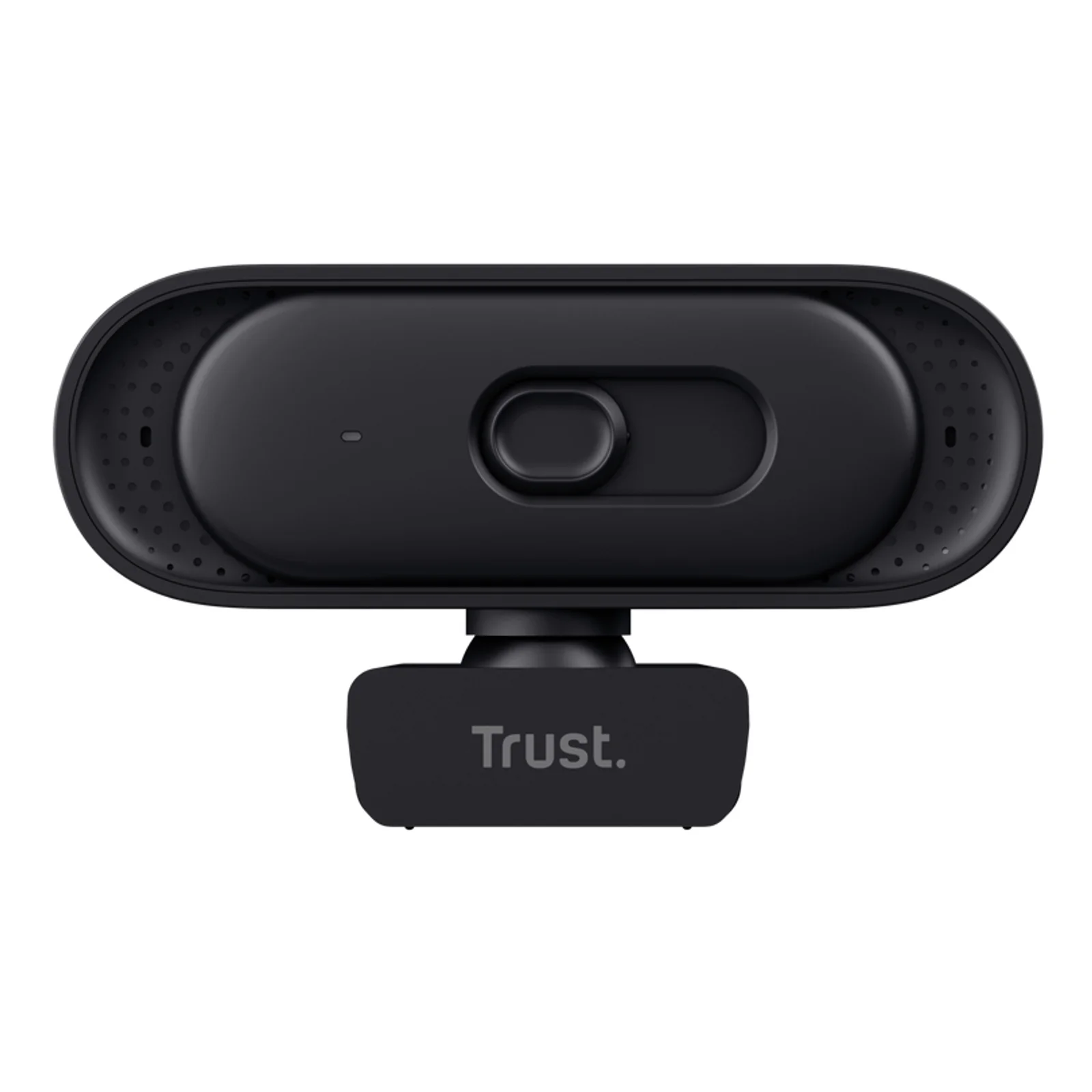 Trust Tomar webcam noire, vue de dessus, cache vie privée coulissant sur le dessus du boîtier ovale
